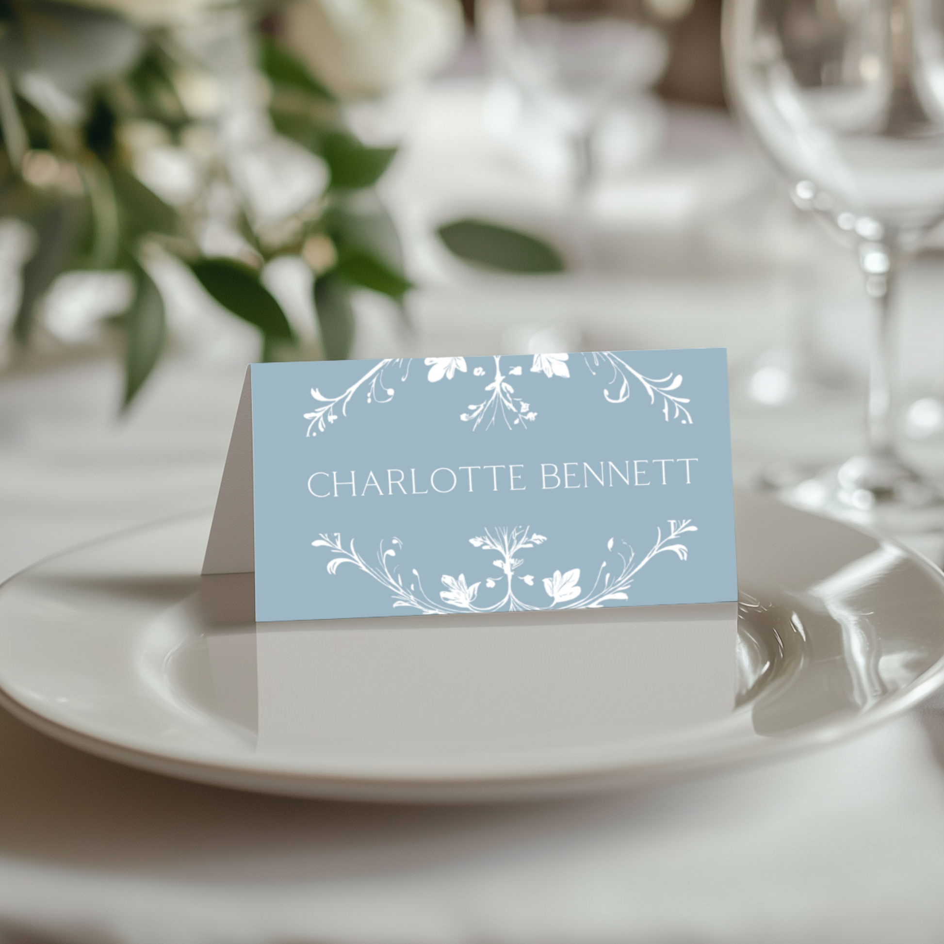 Illustrated Floral Arch Name Place Cards (Dusty Blue)