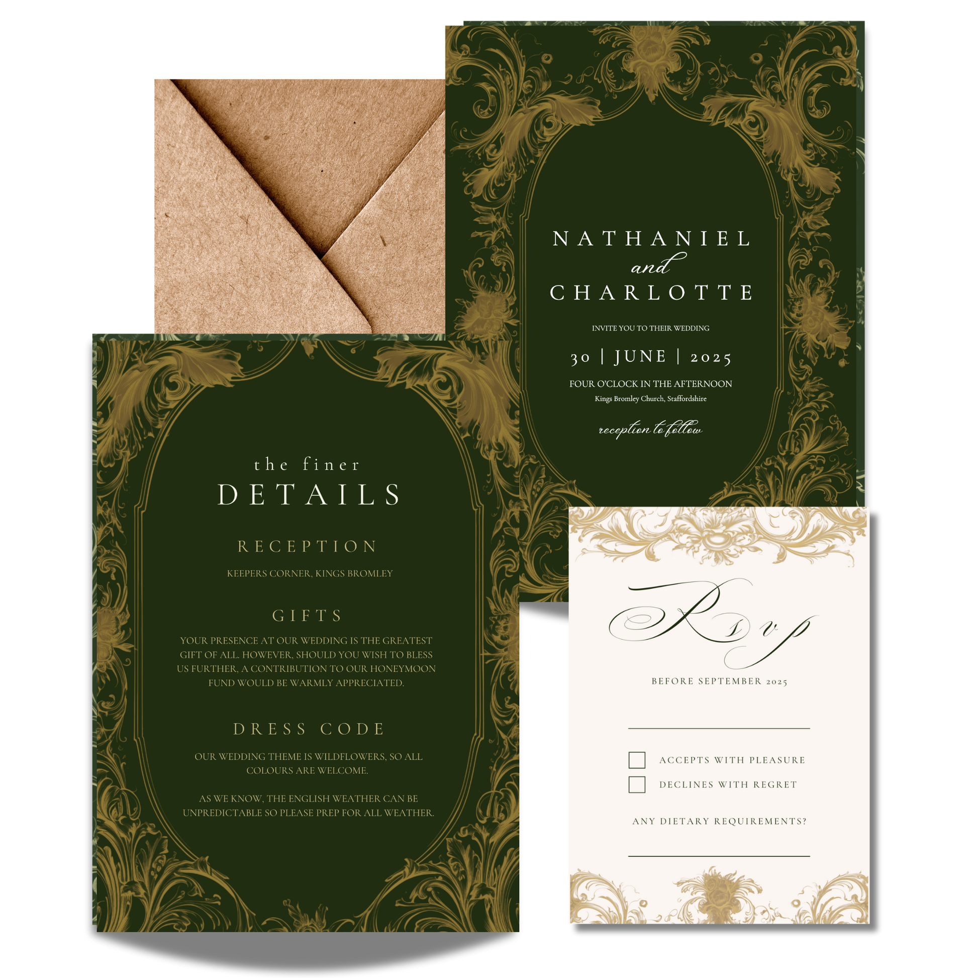 Green & Gold Rococo Frame Invite & RSVP