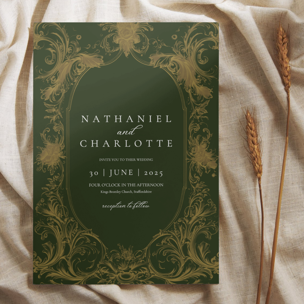 Green & Gold Rococo Frame Invite & RSVP