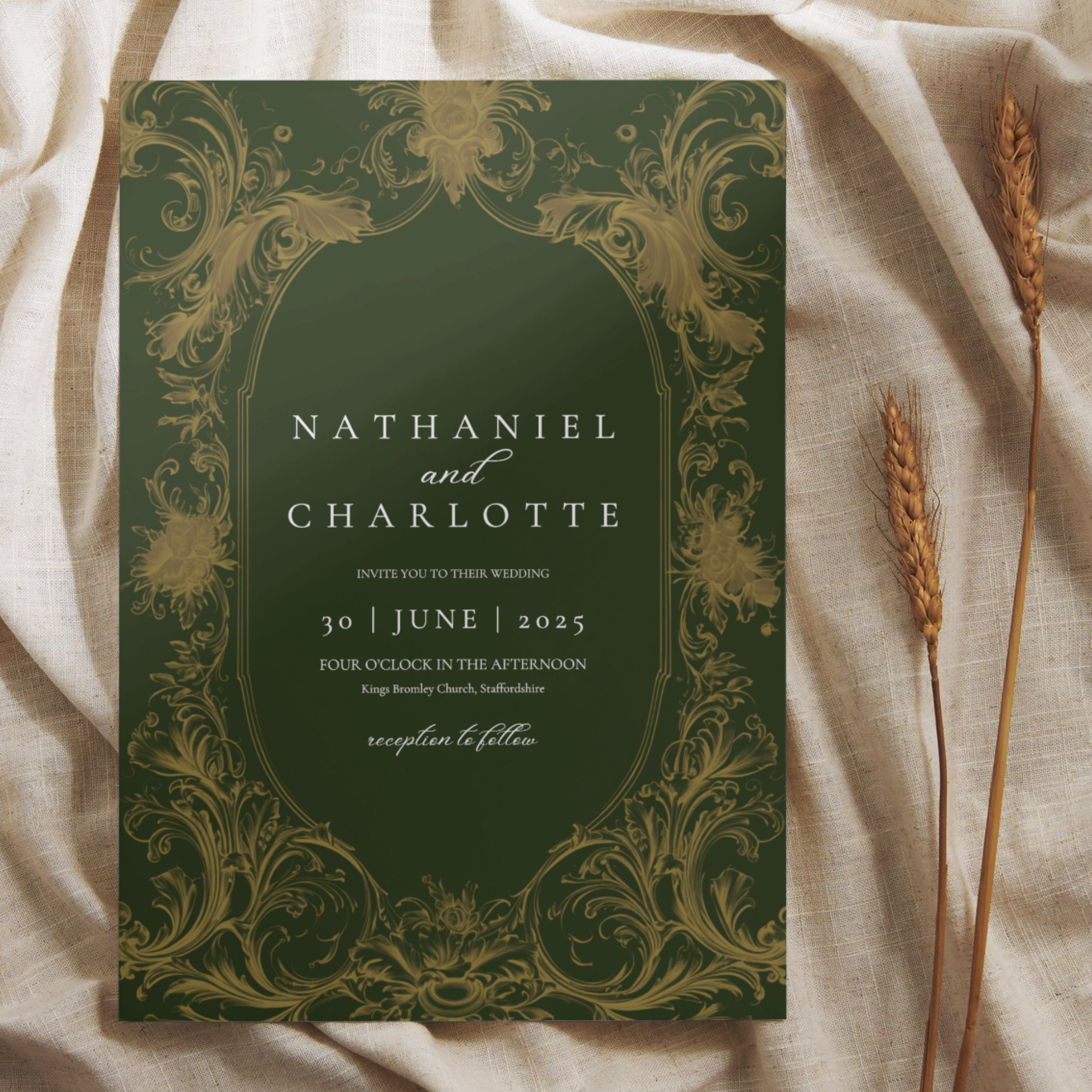 Green & Gold Rococo Frame Invite & RSVP