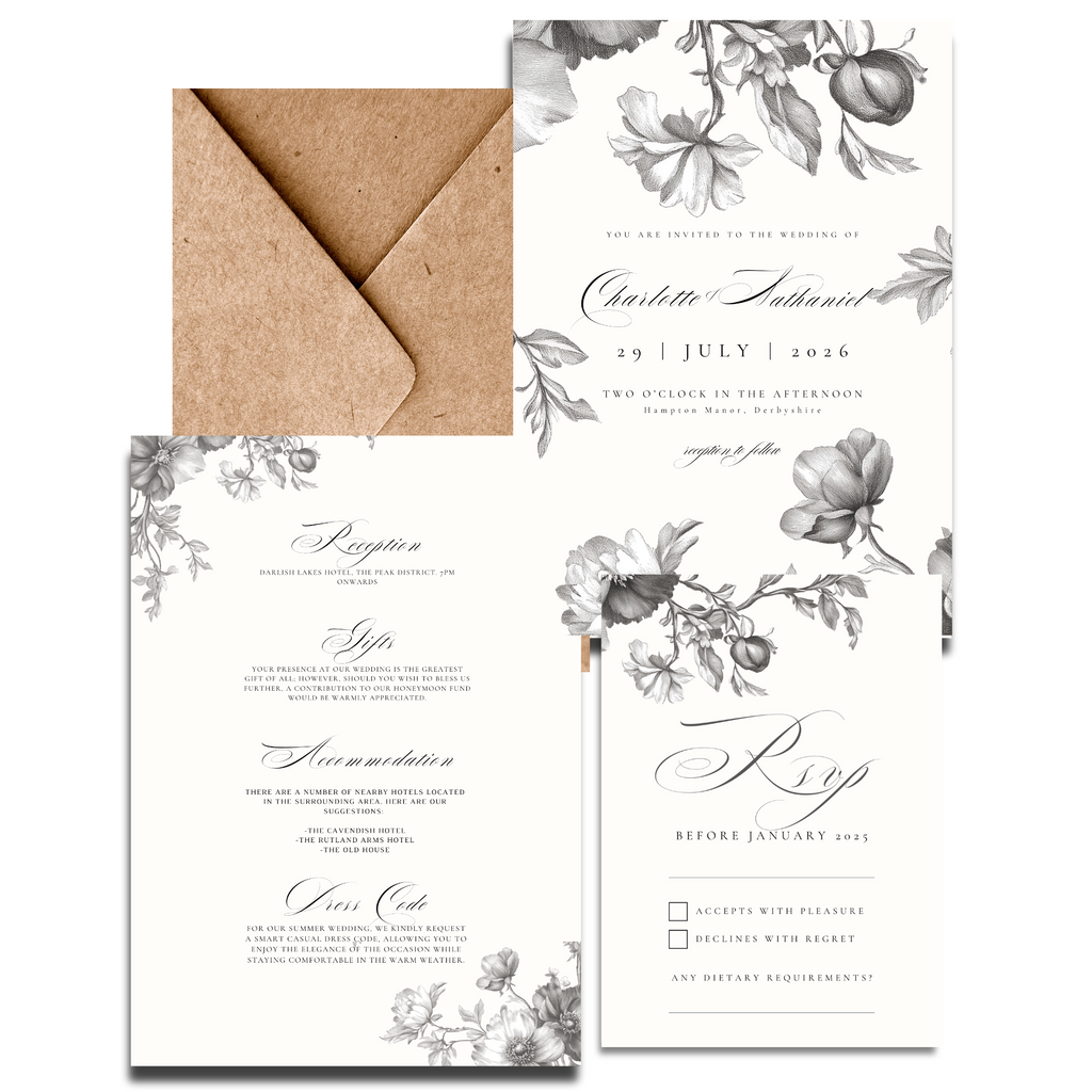 Simple Monochrome Vintage Florals Invite & RSVP