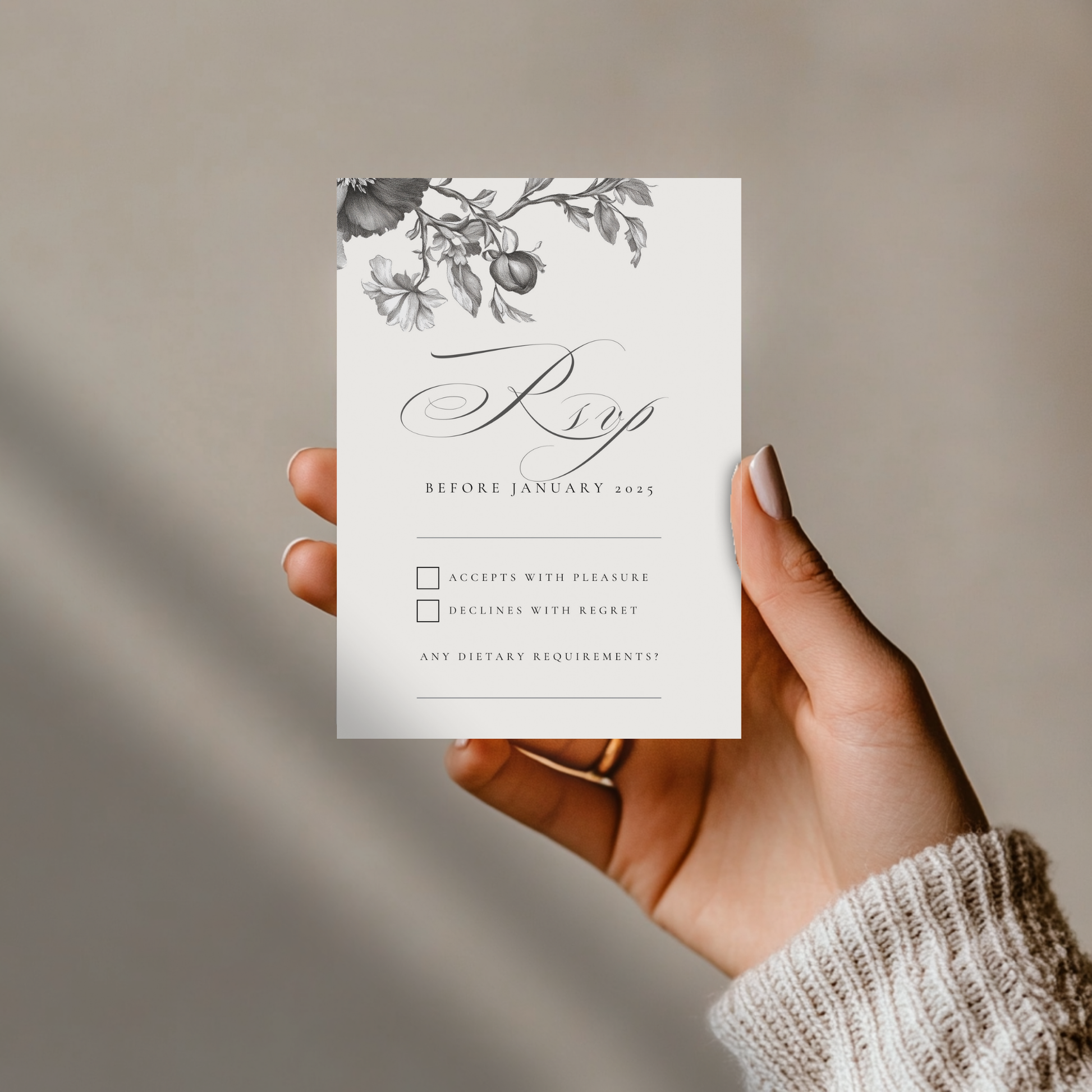 Simple Monochrome Vintage Florals Invite & RSVP