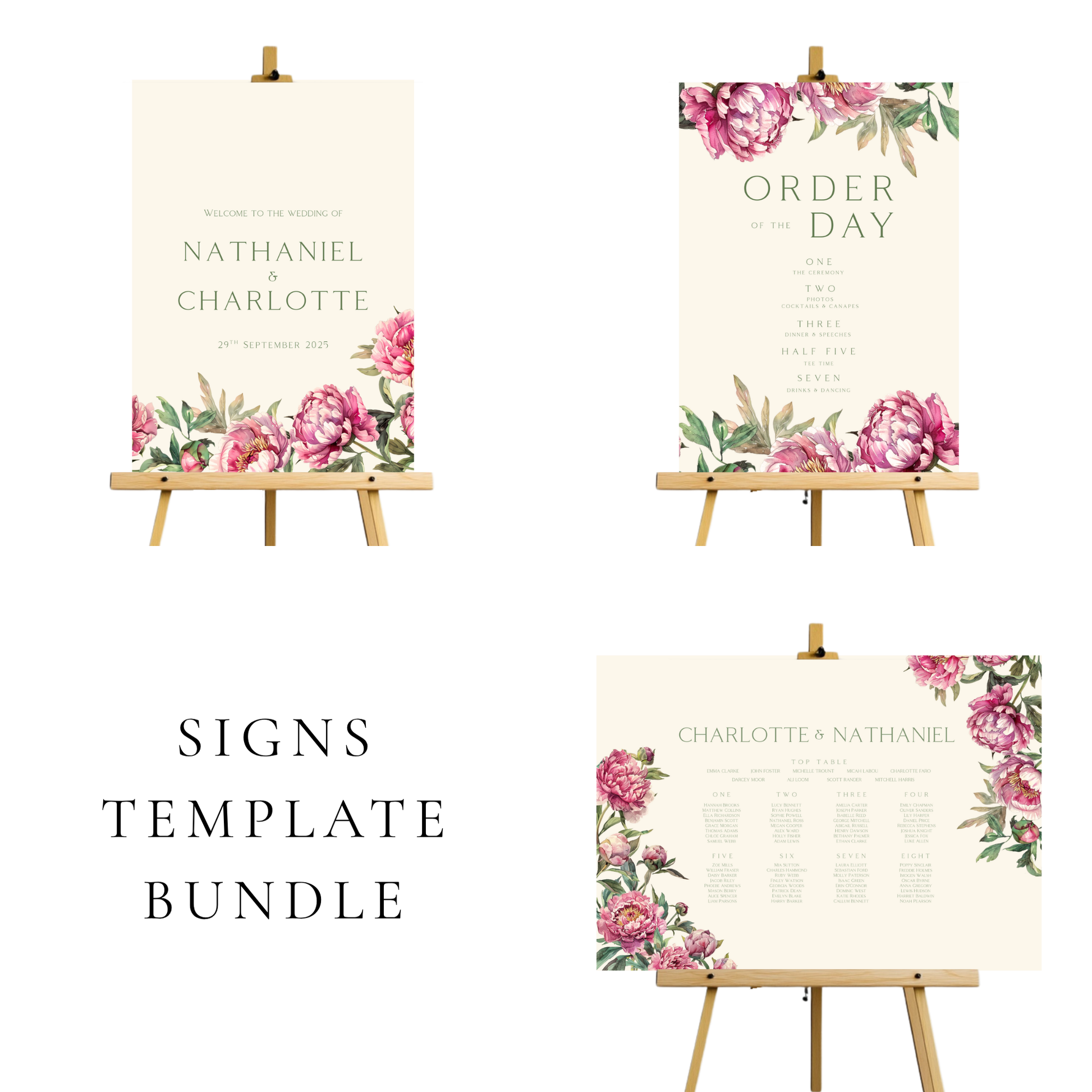Pink Peony Wedding Signs Templates