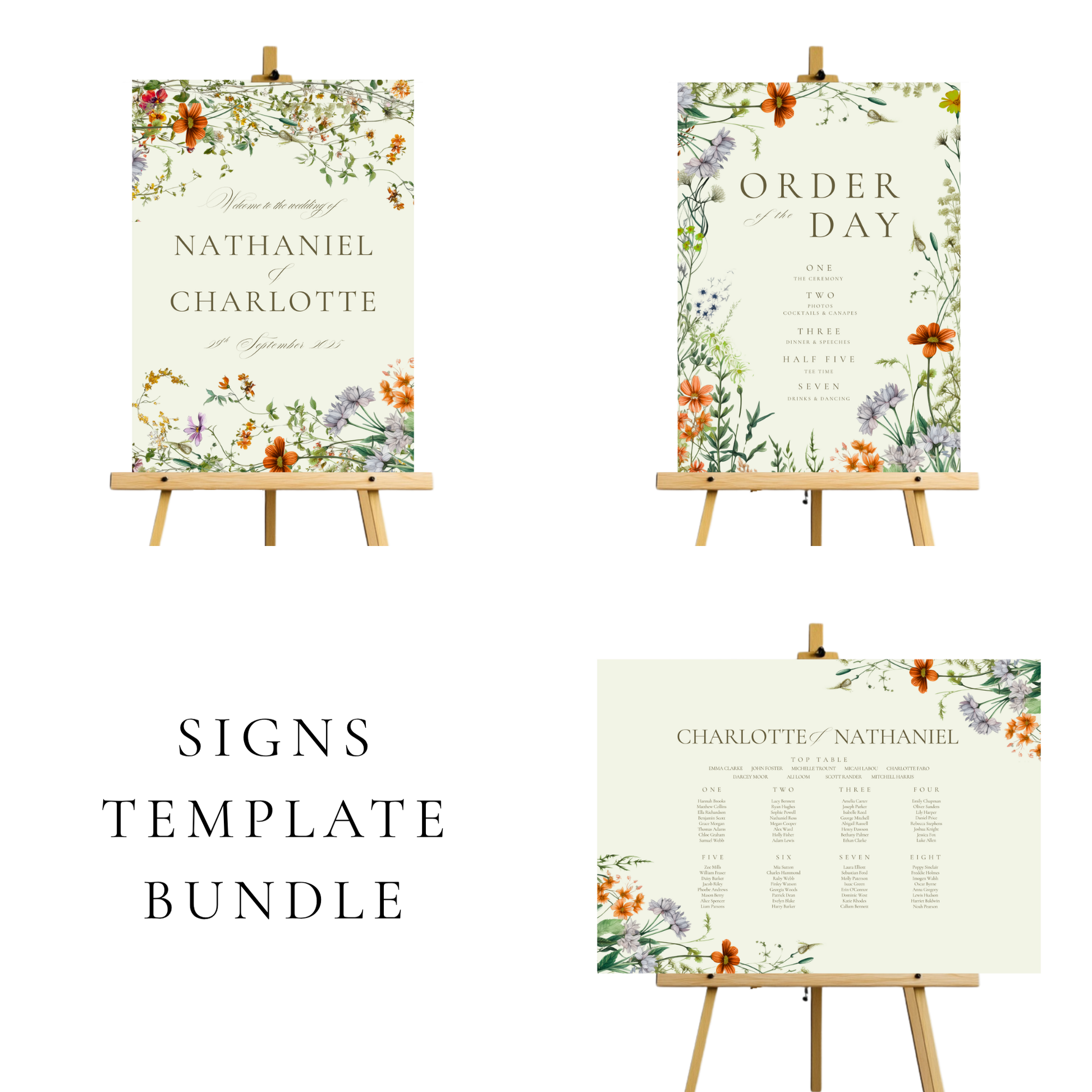 Green & Wildflower Wedding Signs Templates
