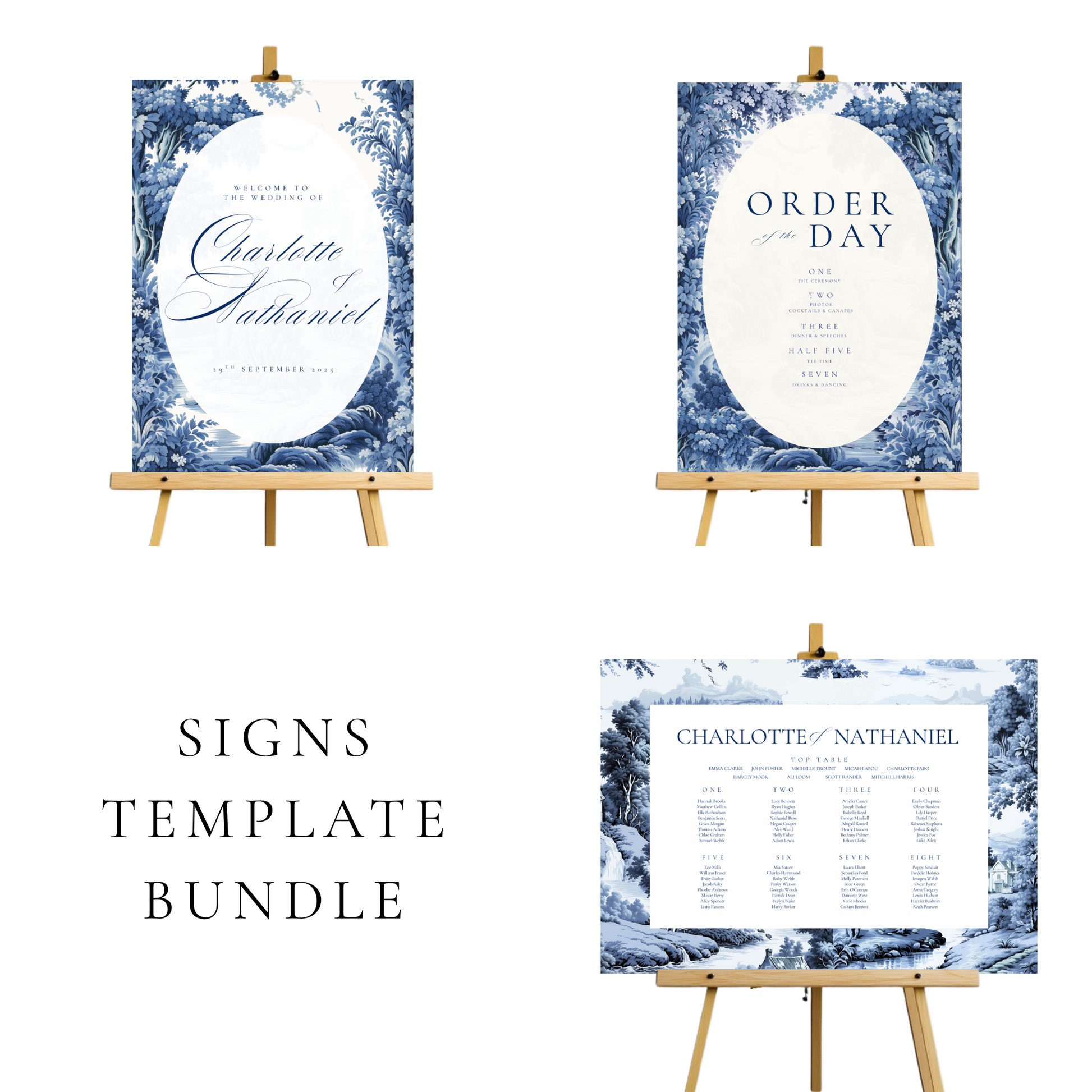 Blue Toile Wedding Signs Templates