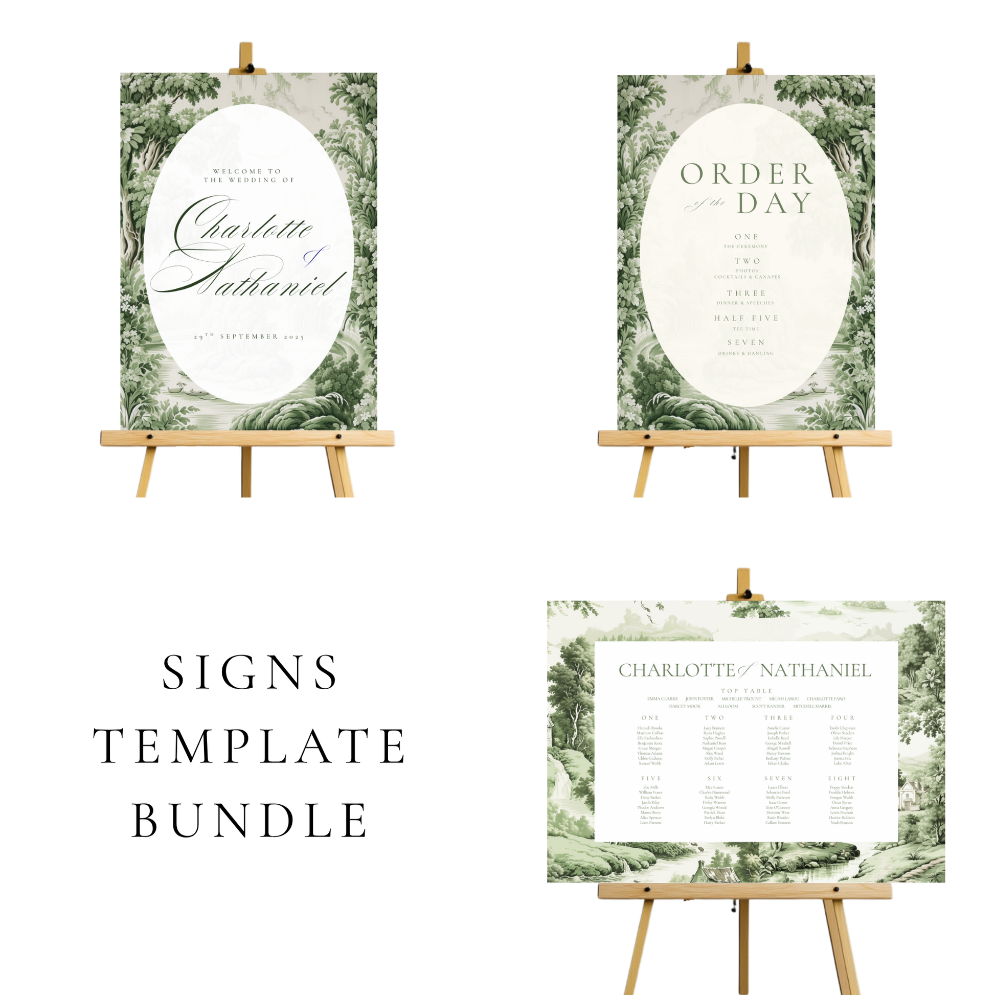 Green Toile Wedding Signs Templates