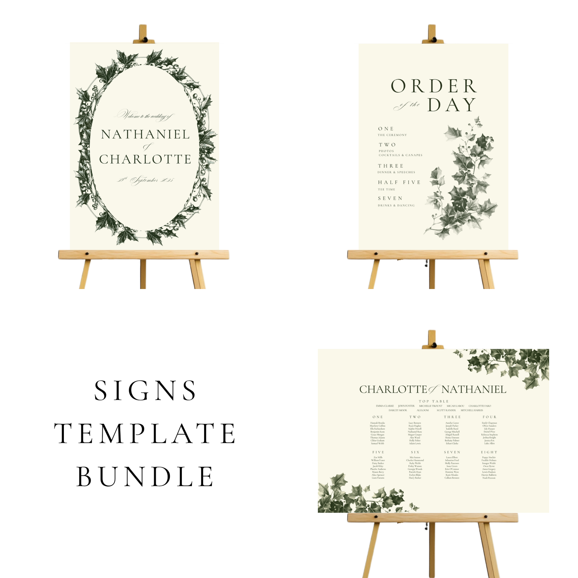 Green & Cream Holly Wedding Signs Templates