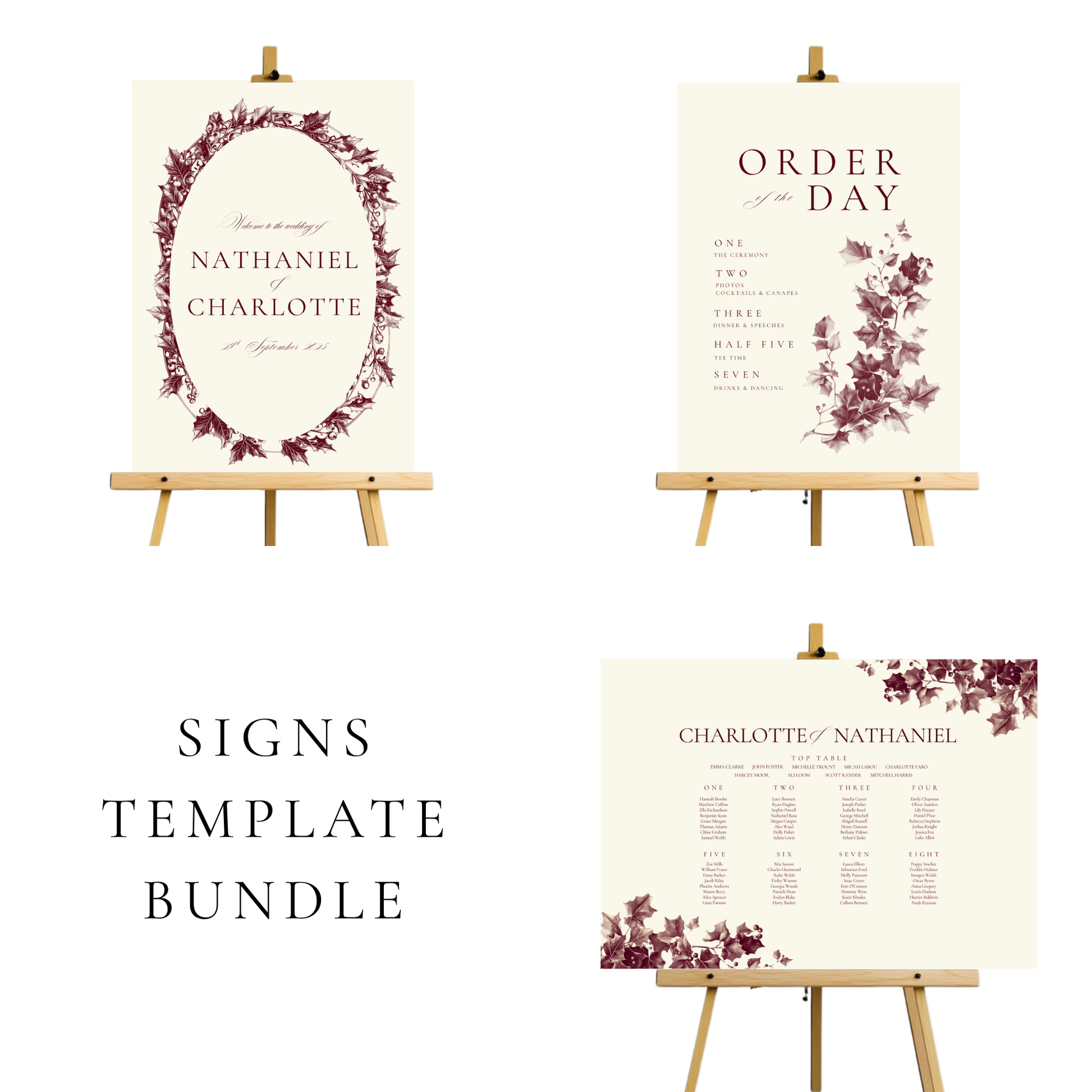 Red & Cream Holly Wedding Signs Templates