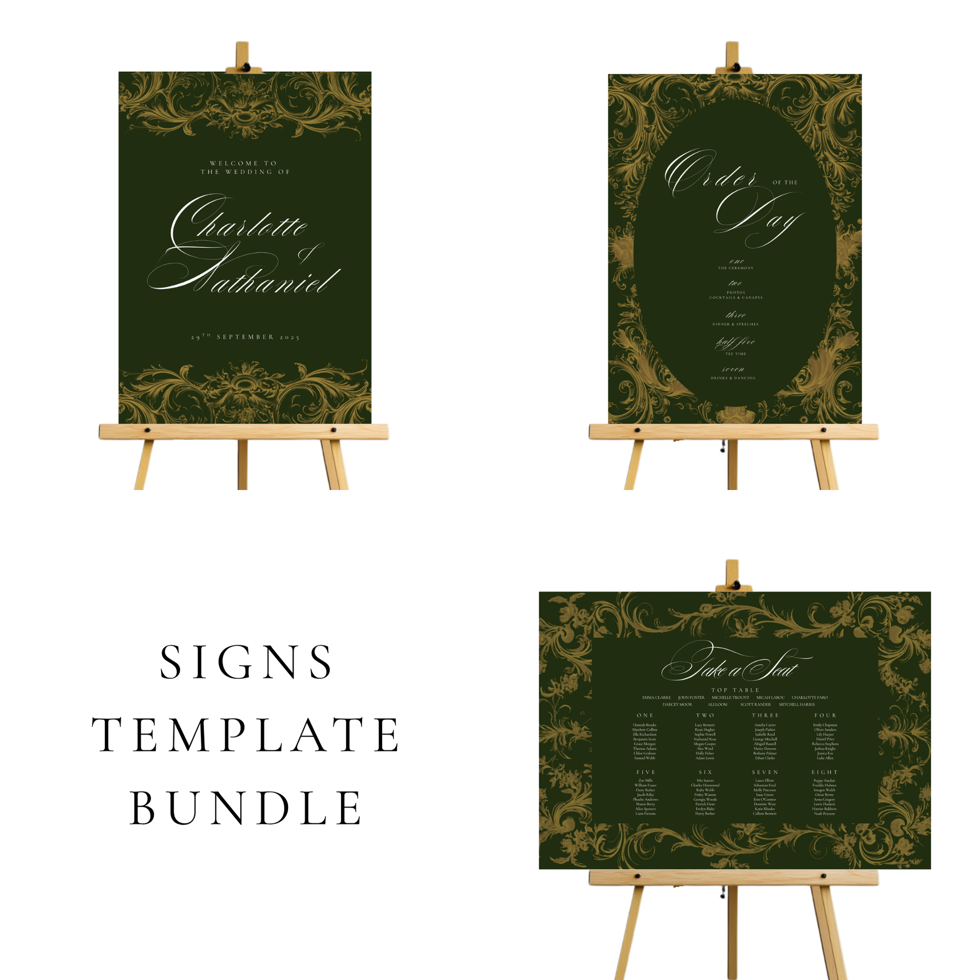 Green & Gold Rococo Frame Wedding Signs Templates