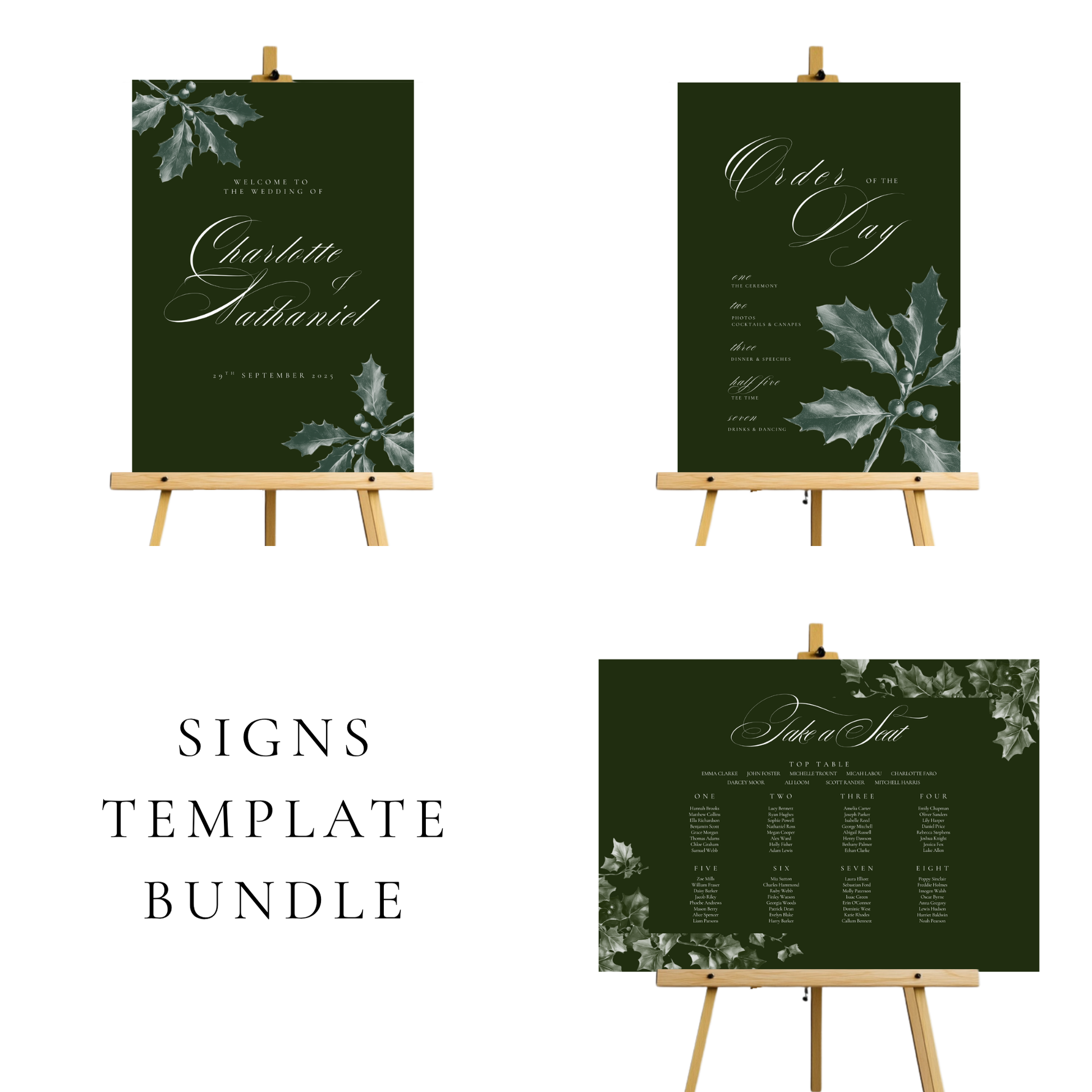Green Holly Wedding Signs Templates