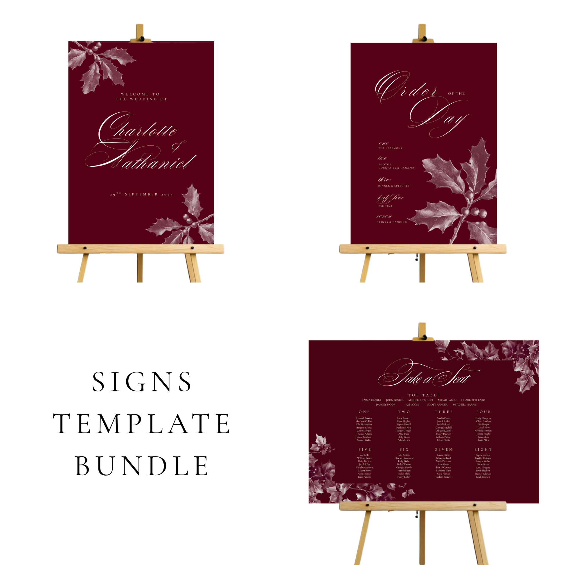 Red Holly Wedding Signs Templates