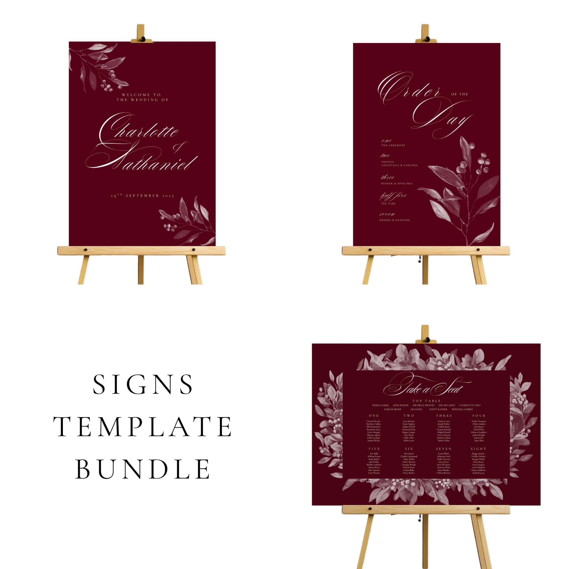 Burgundy Mistletoe Wedding Signs Templates