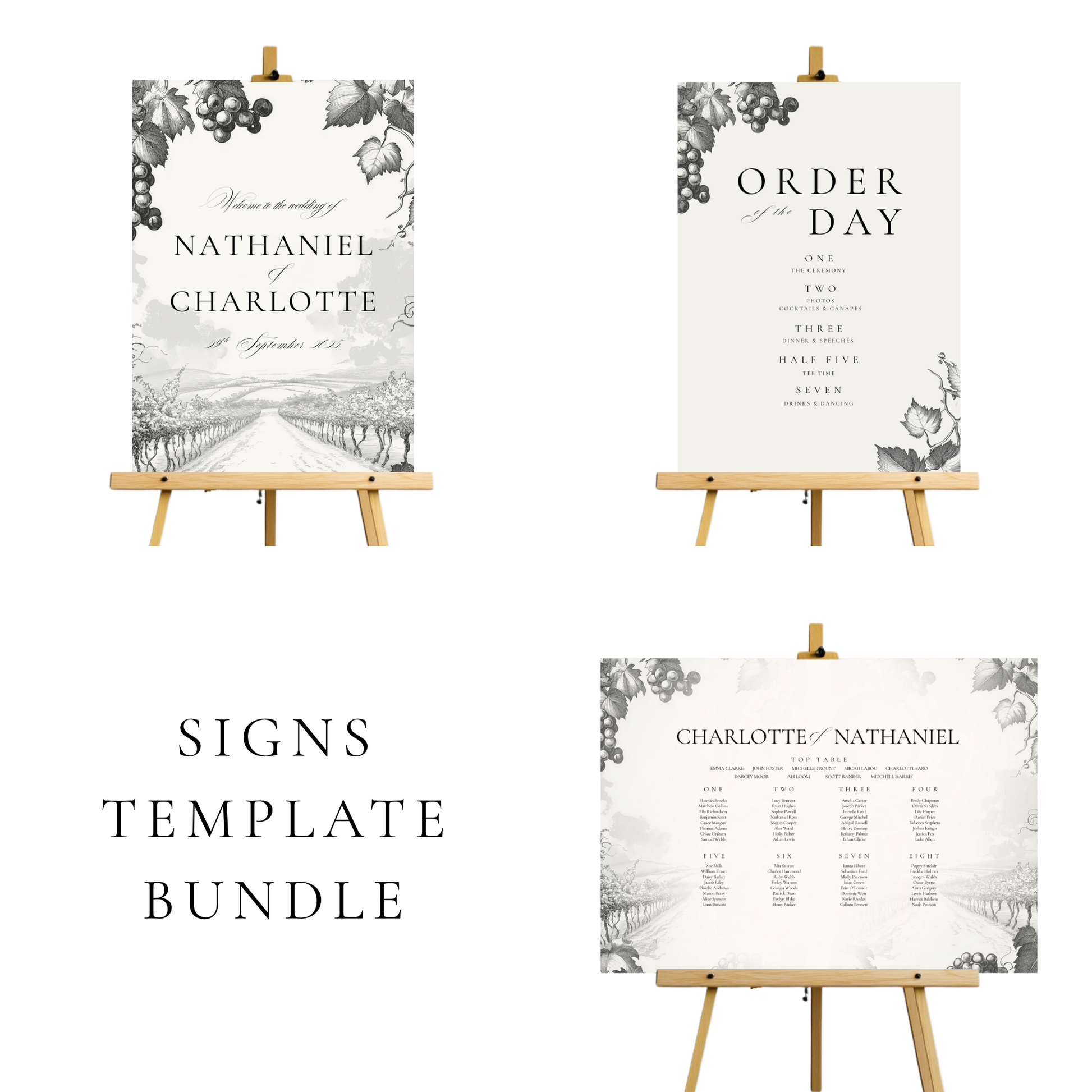 Monochrome Vineyard Wedding Signs Templates