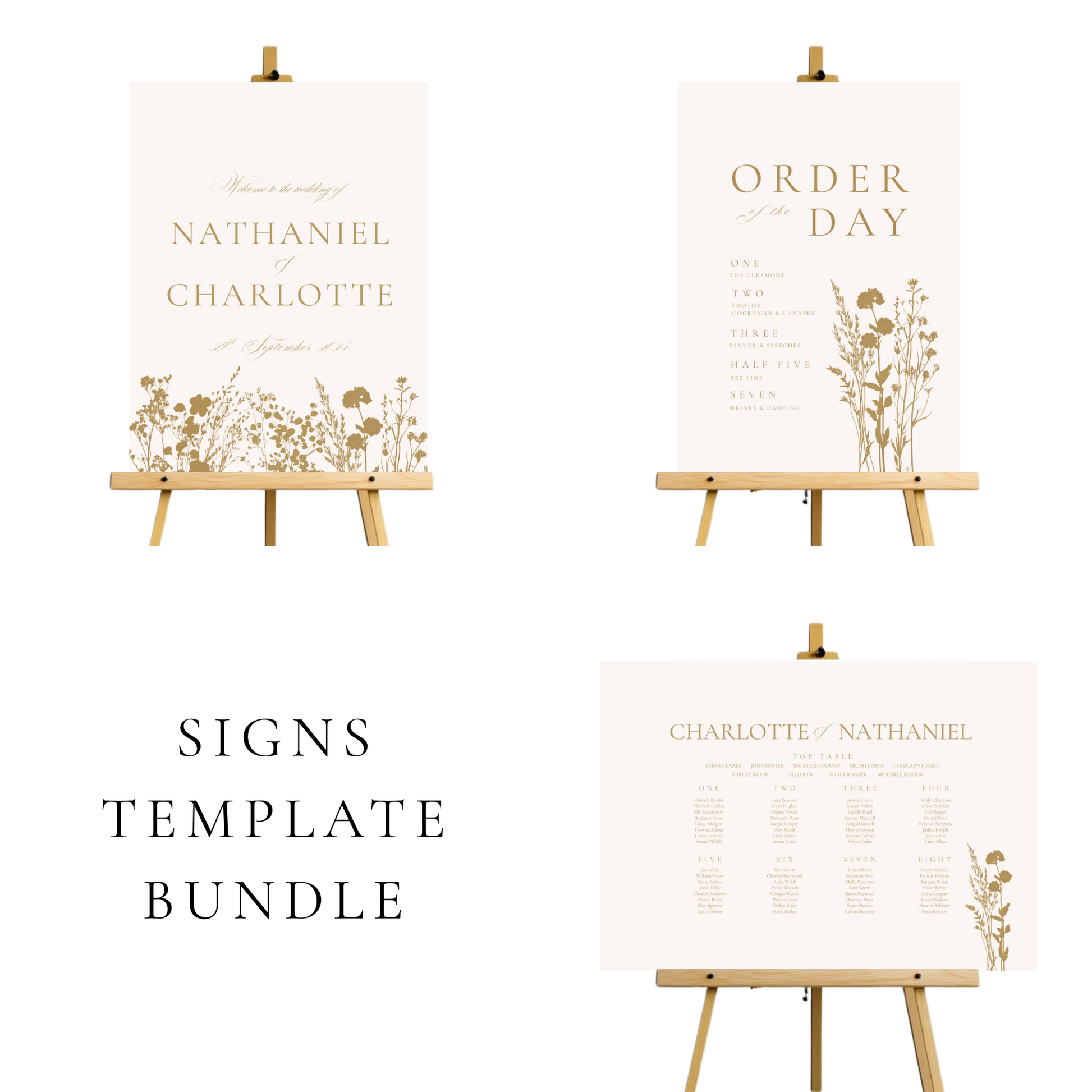 Cream & Gold Flowers Wedding Signs Templates
