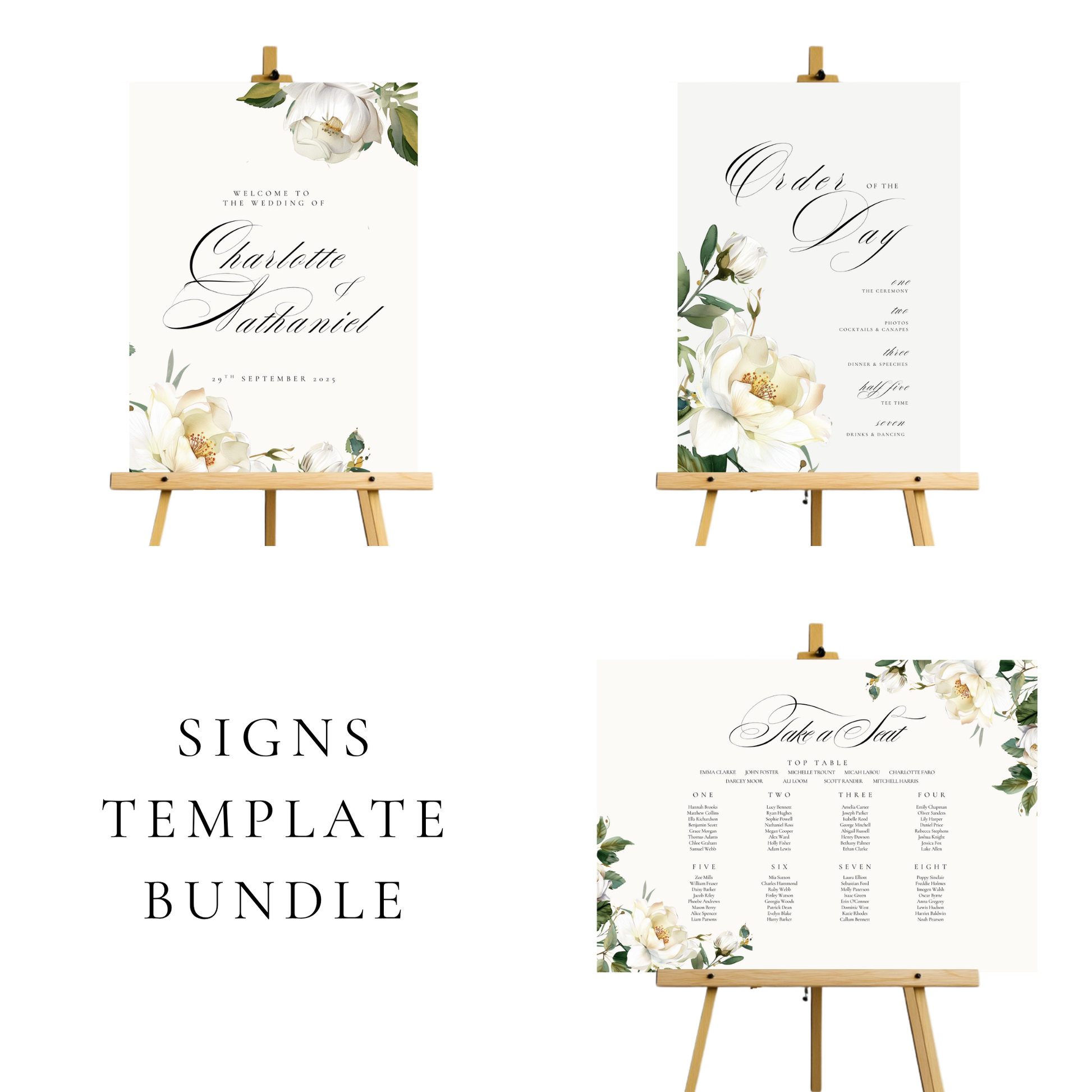 White Florals Wedding Signs Templates