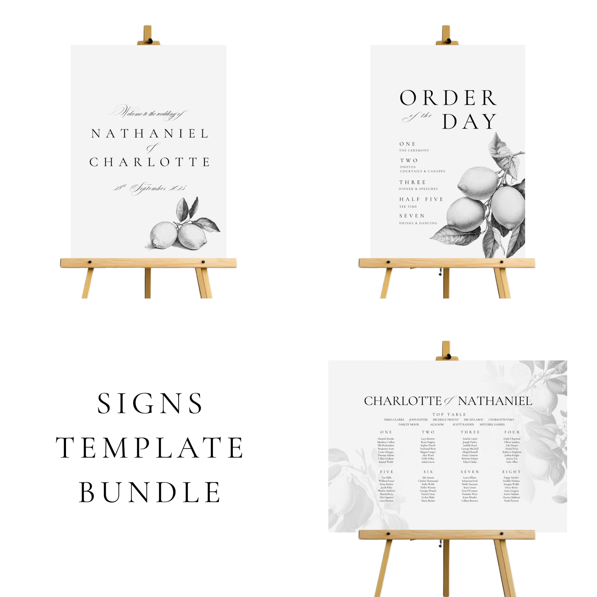 Monochrome Lemons Wedding Signs Templates