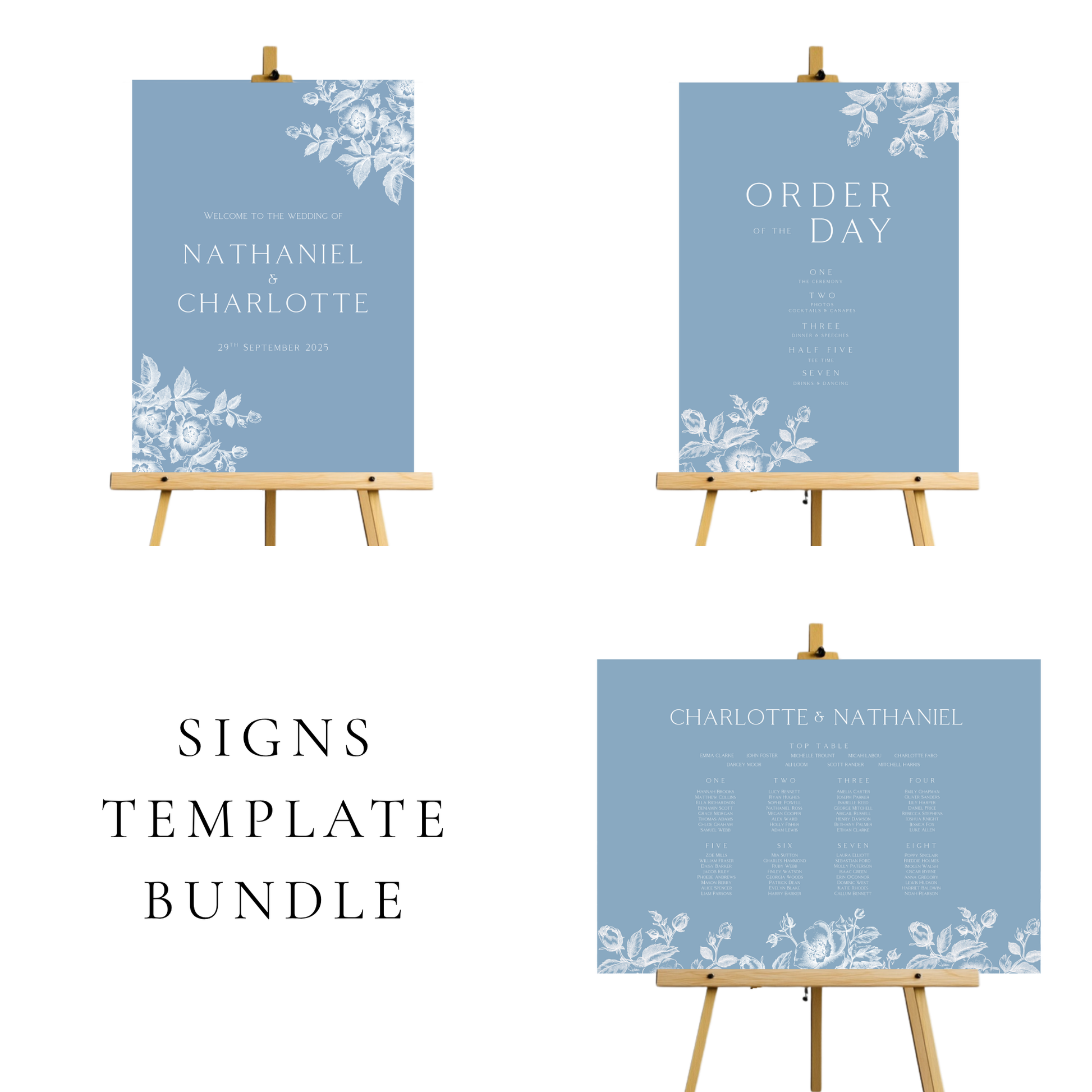 Rose Etching Wedding Signs Templates (Dusty Blue)