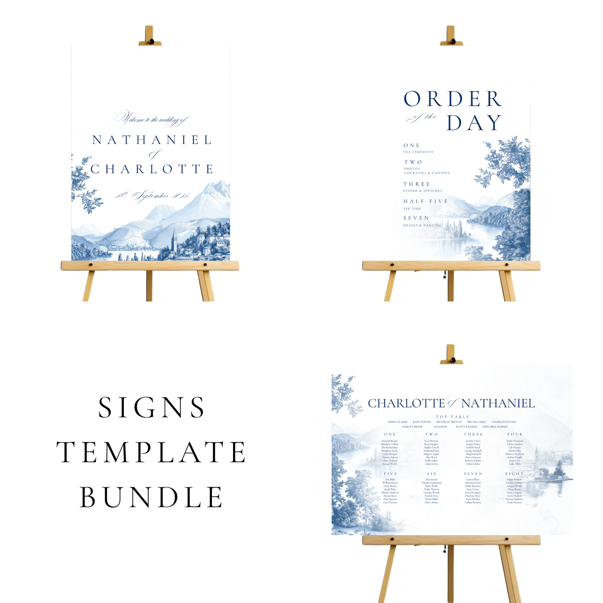 Blue & White Lake Como Wedding Signs Templates