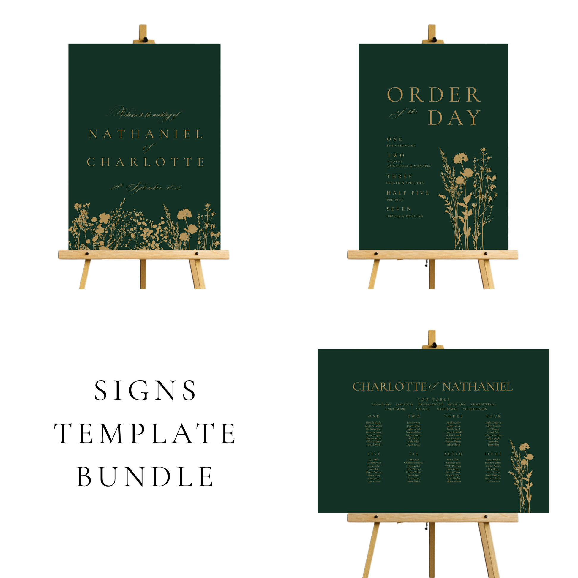 Emerald Green & Gold Floral Wedding Signs Templates