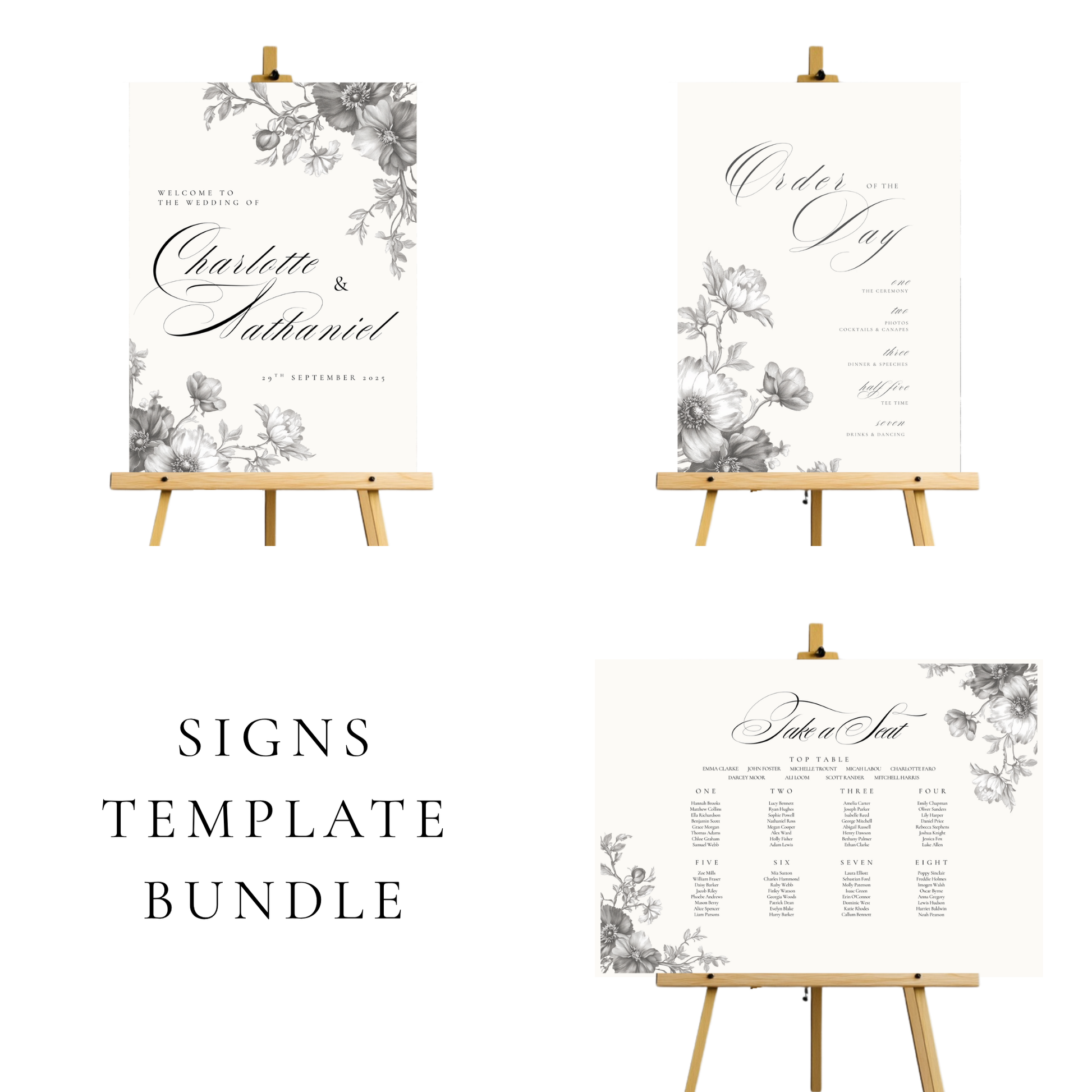 Simple Monochrome Vintage Florals Wedding Signs Templates