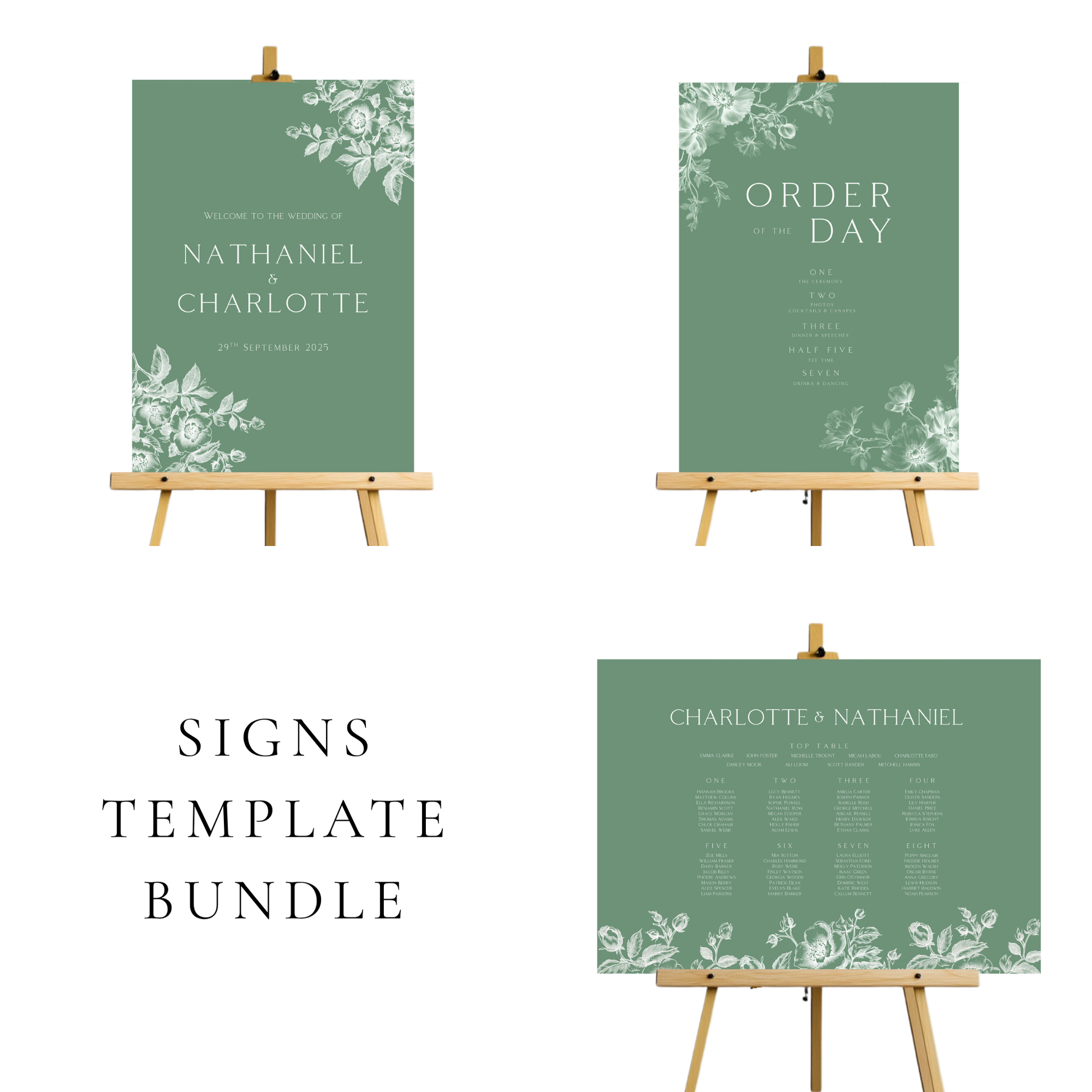 Rose Etching Wedding Signs Templates (Sage Green)
