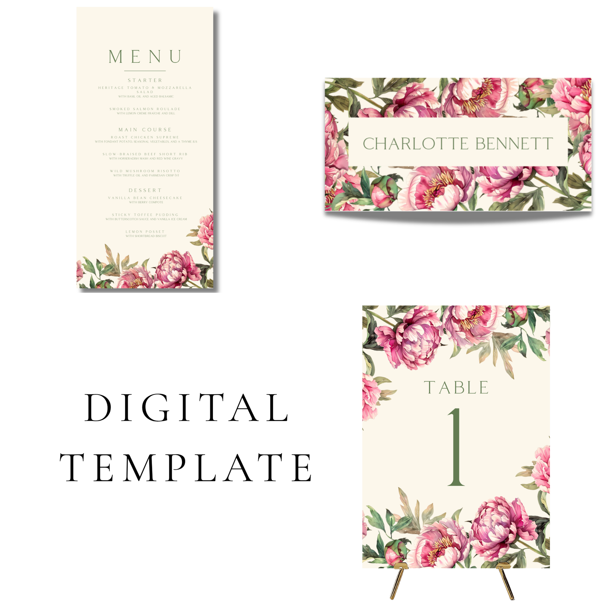 Pink Peony Editable Wedding Breakfast Templates