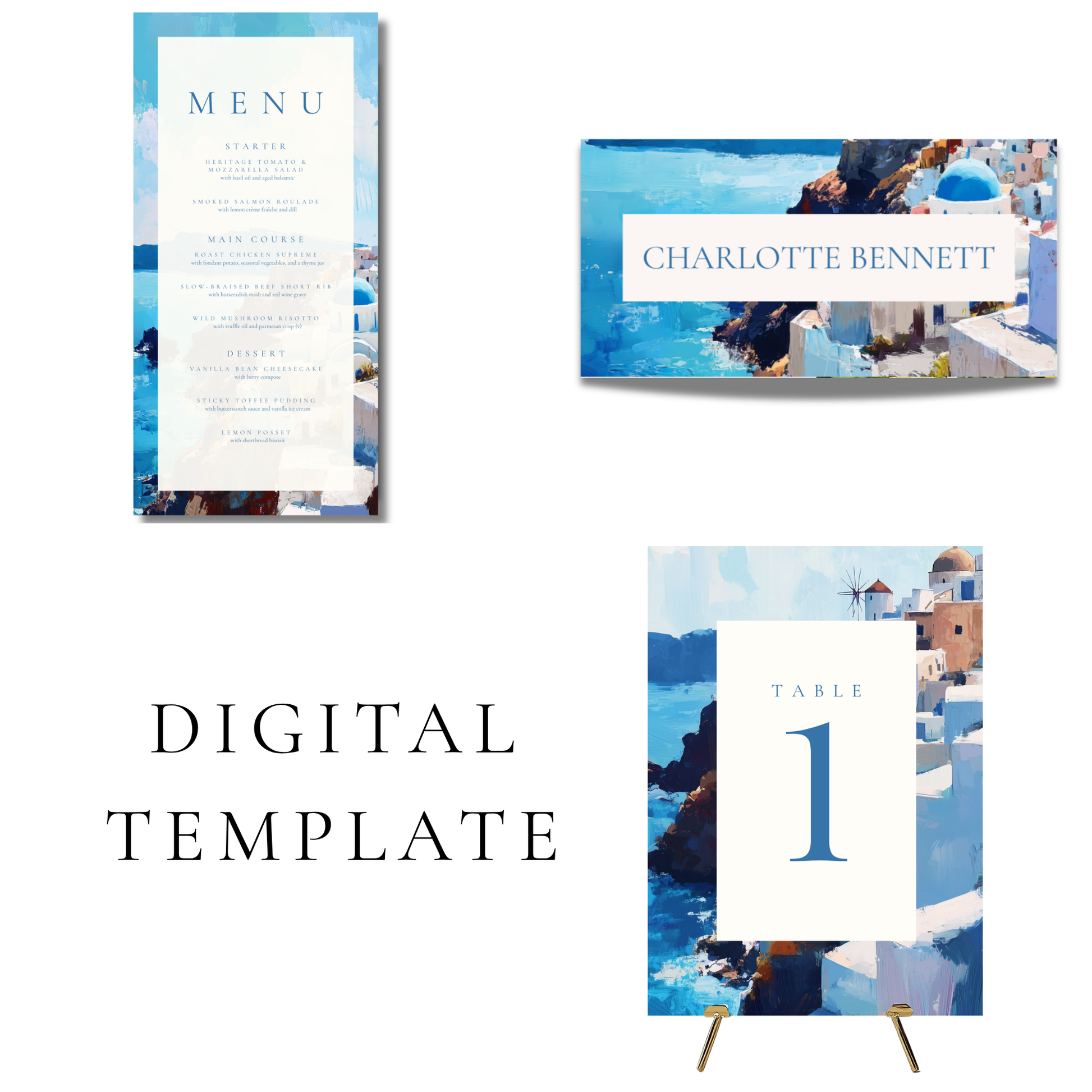 Santorini Painting Editable Wedding Breakfast Templates