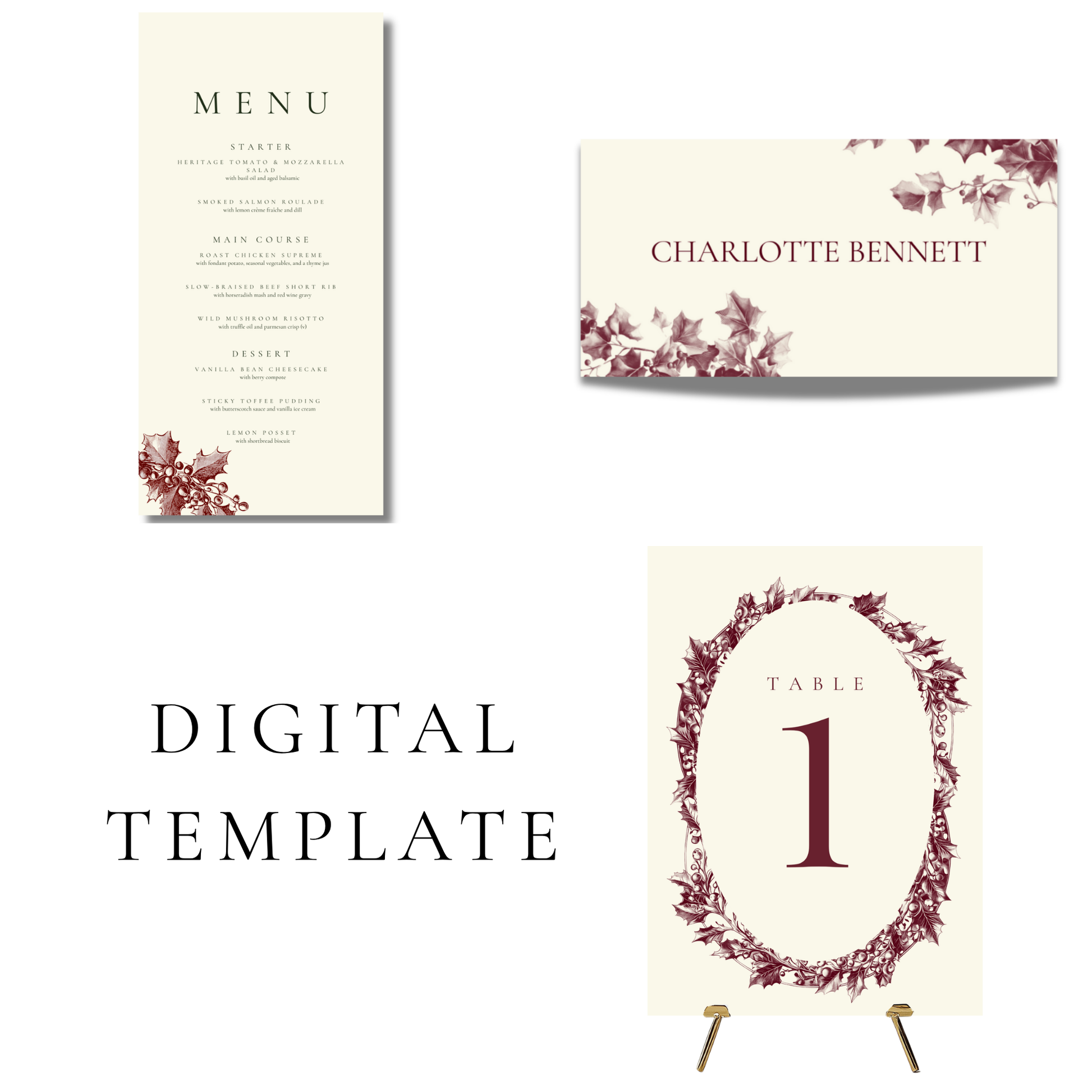 Red & Cream Holly Wreath Editable Wedding Breakfast Templates