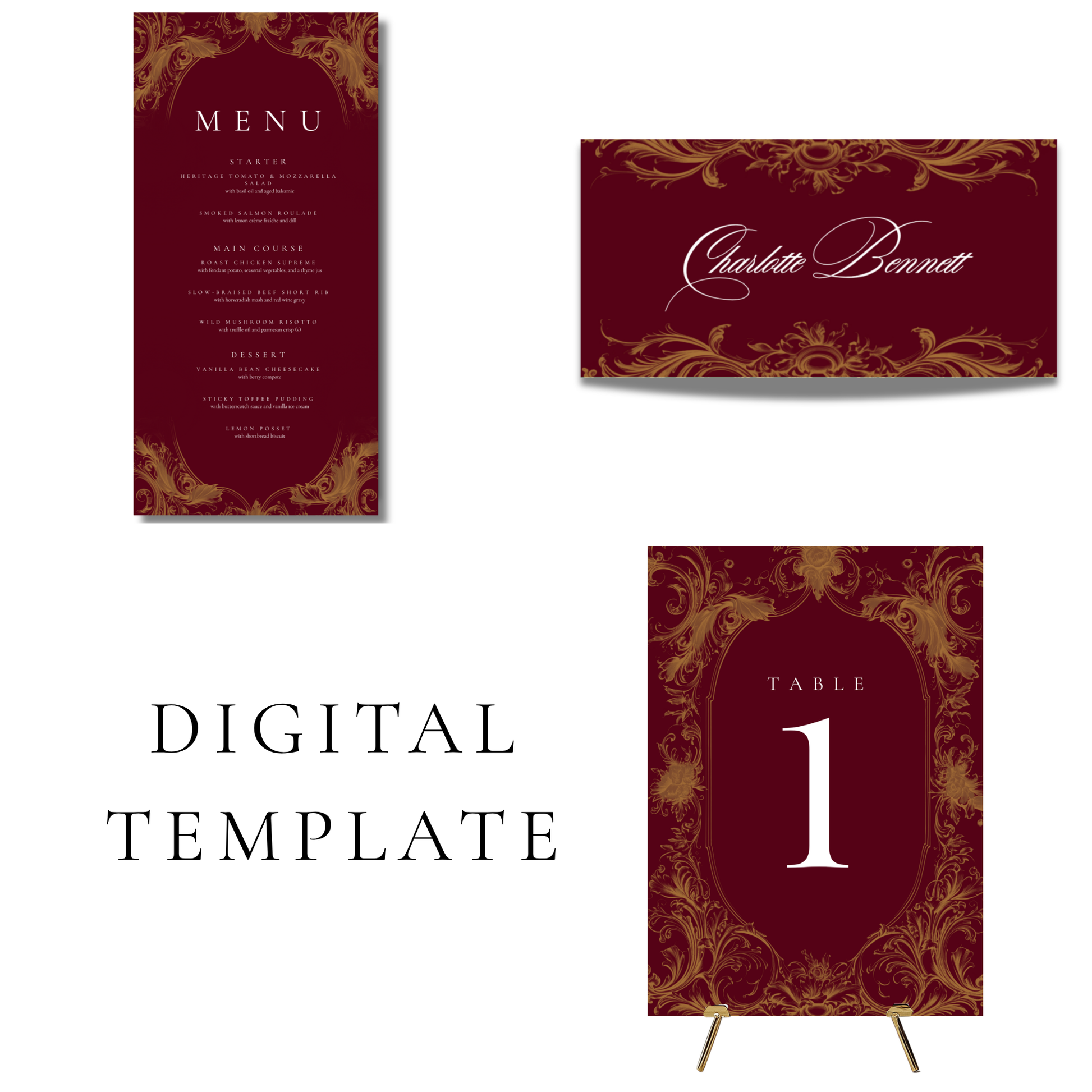 Red & Gold Rococo Frame Editable Wedding Breakfast Templates