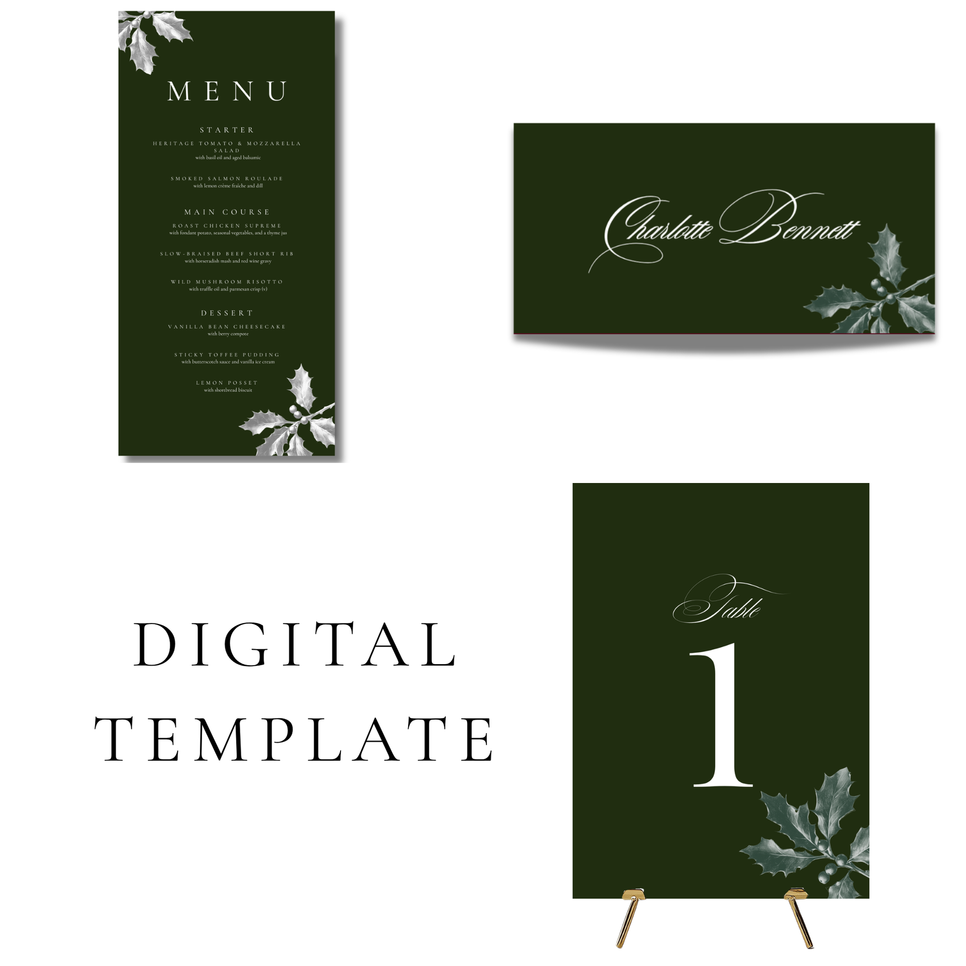 Green Holly Editable Wedding Breakfast Templates