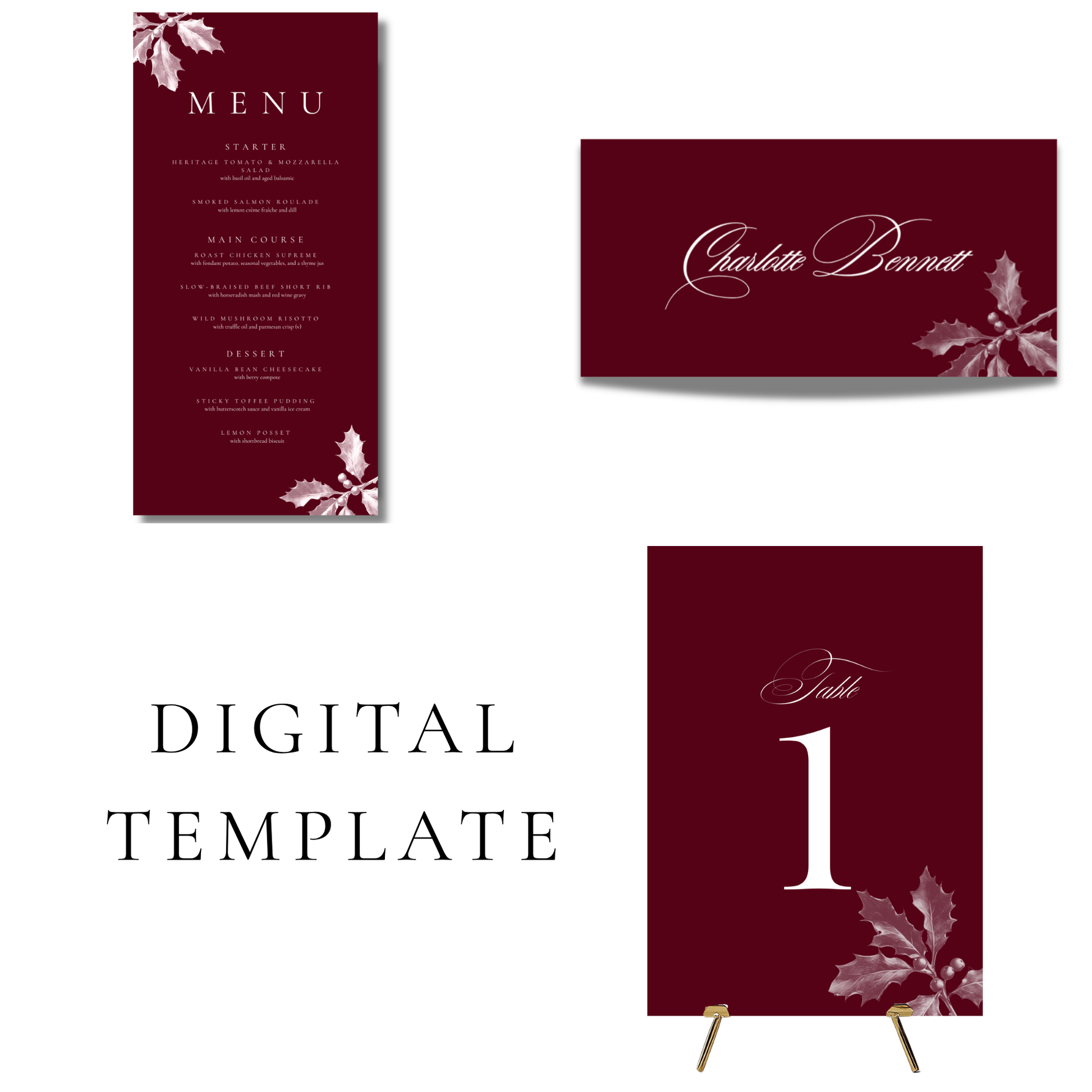 Red Holly Editable Wedding Breakfast Templates
