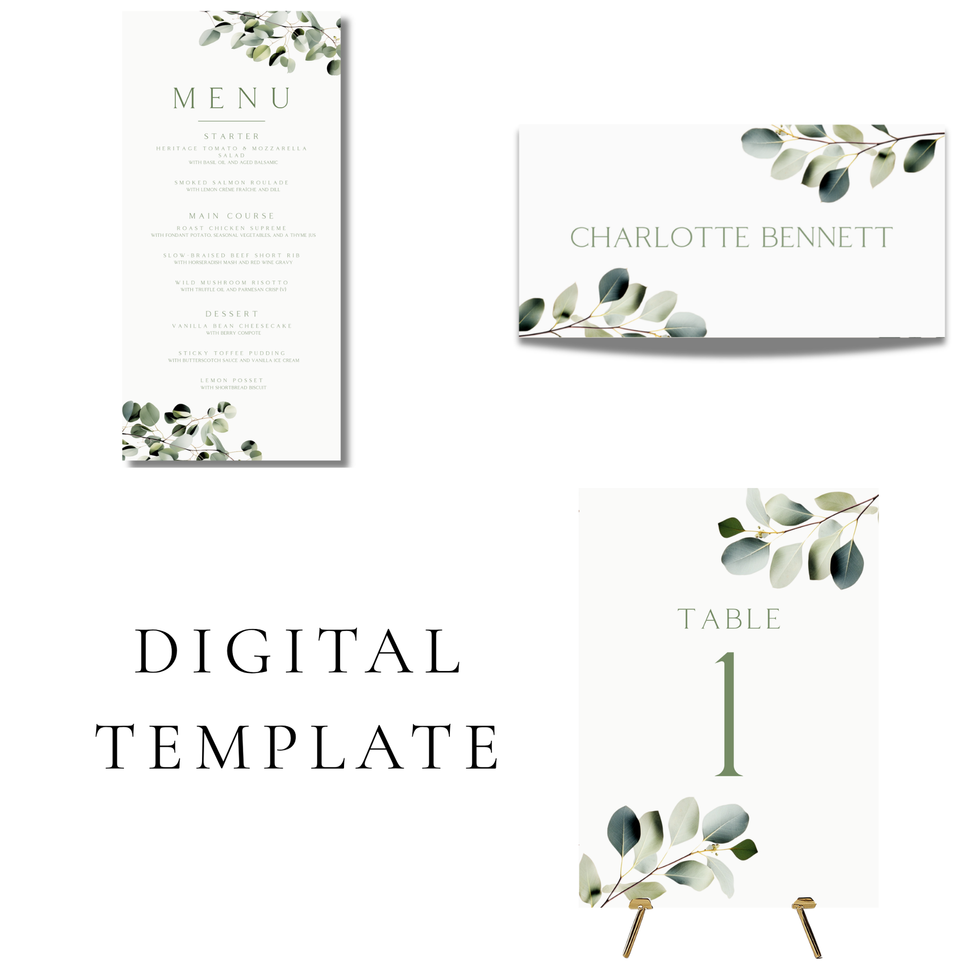 Eucalyptus Editable Wedding Breakfast Templates