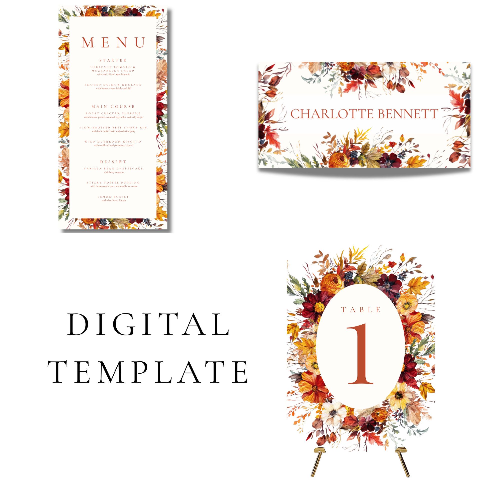 Busy Autumn Florals Wedding Breakfast Templates