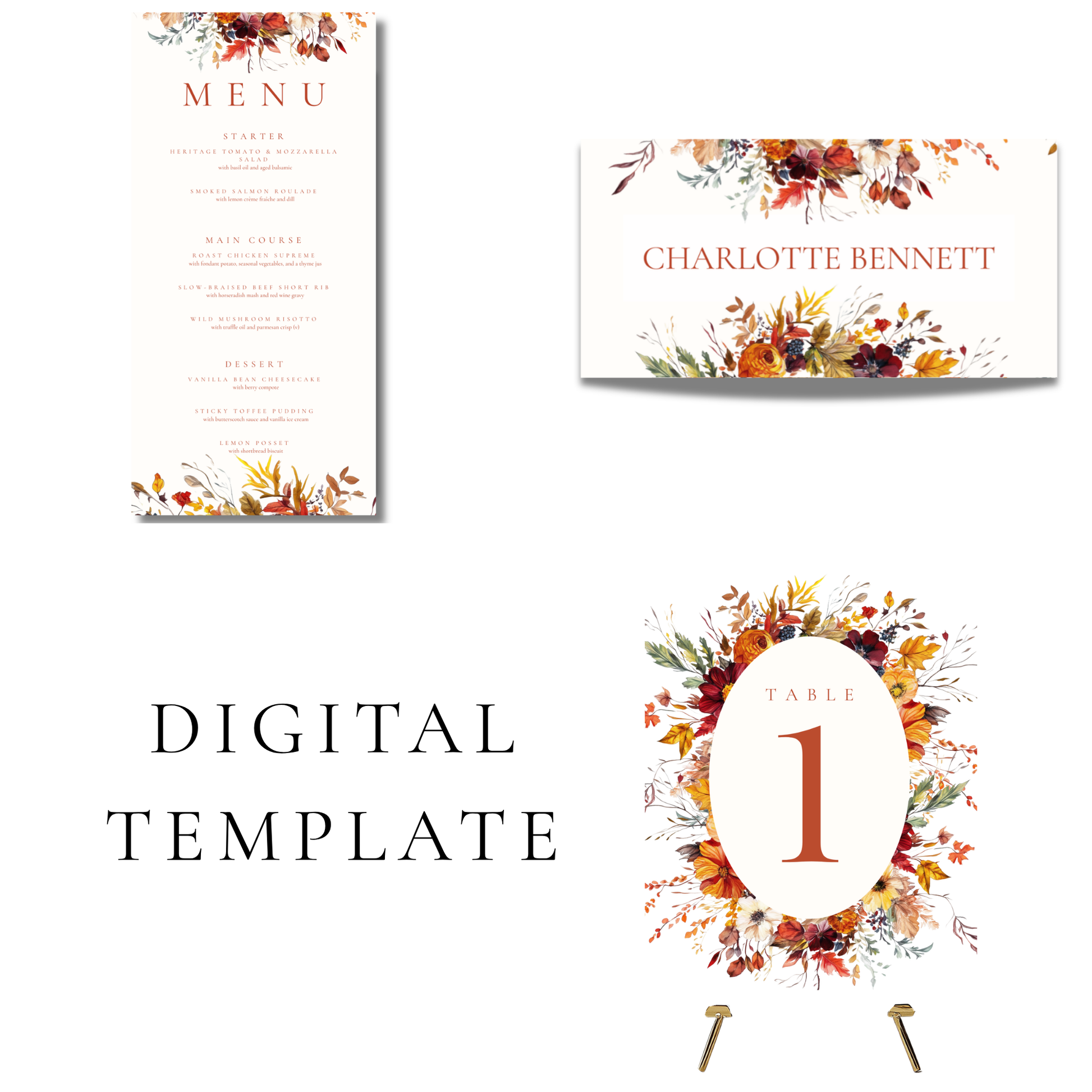 Simple Autumn Florals Wedding Breakfast Templates