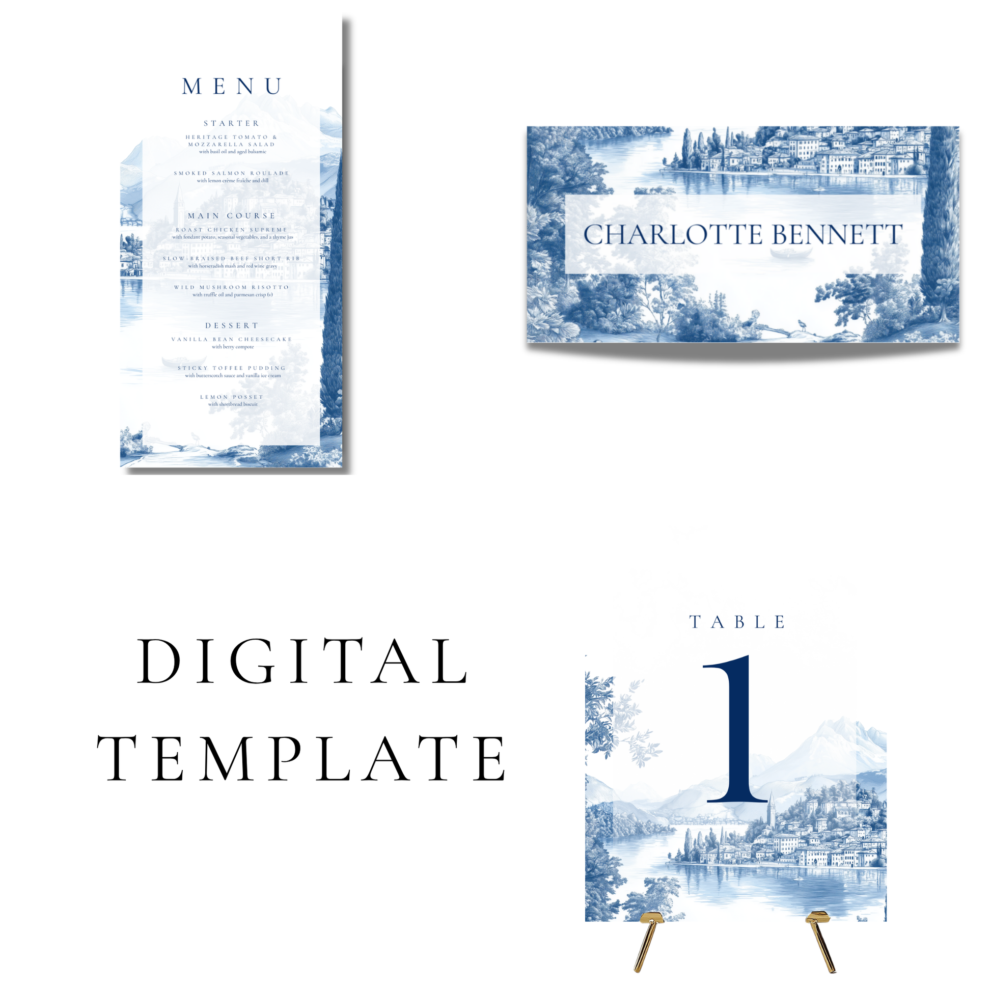Blue & White Lake Como Wedding Breakfast Templates