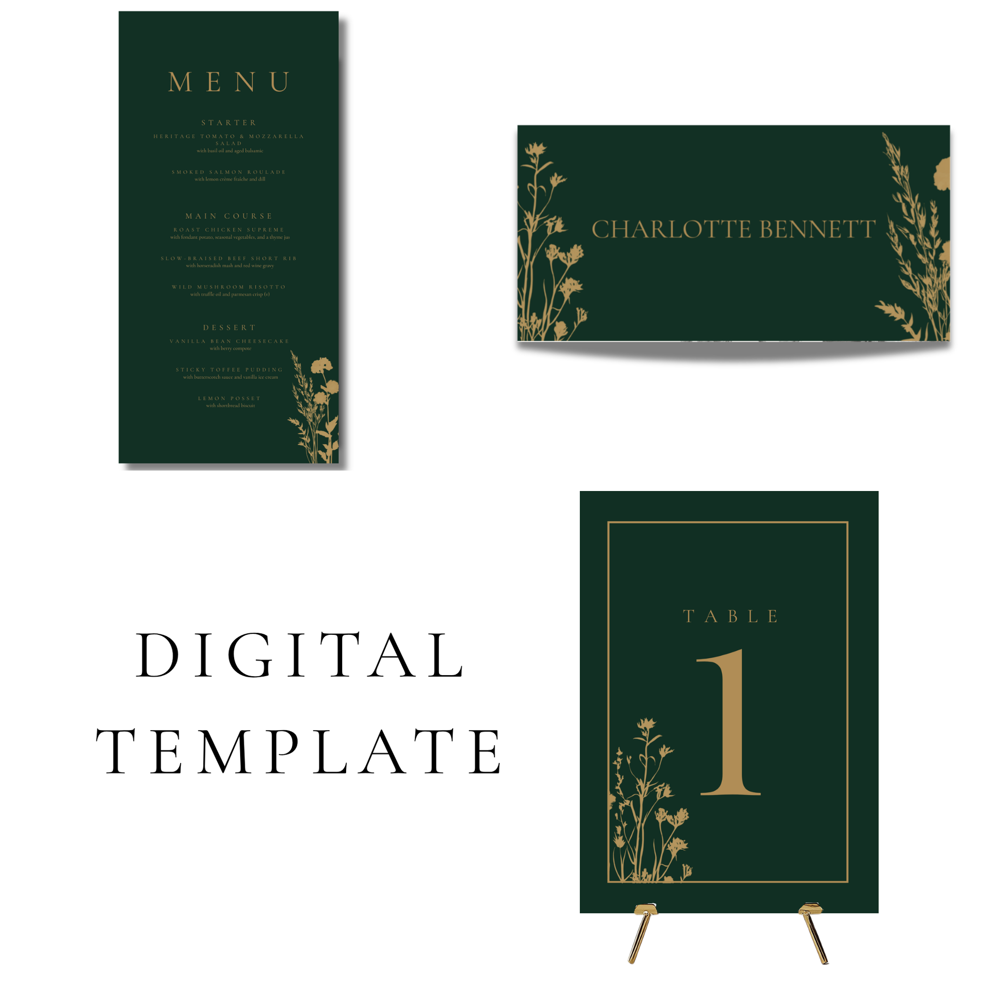Emerald Green & Gold Floral Wedding Breakfast Templates
