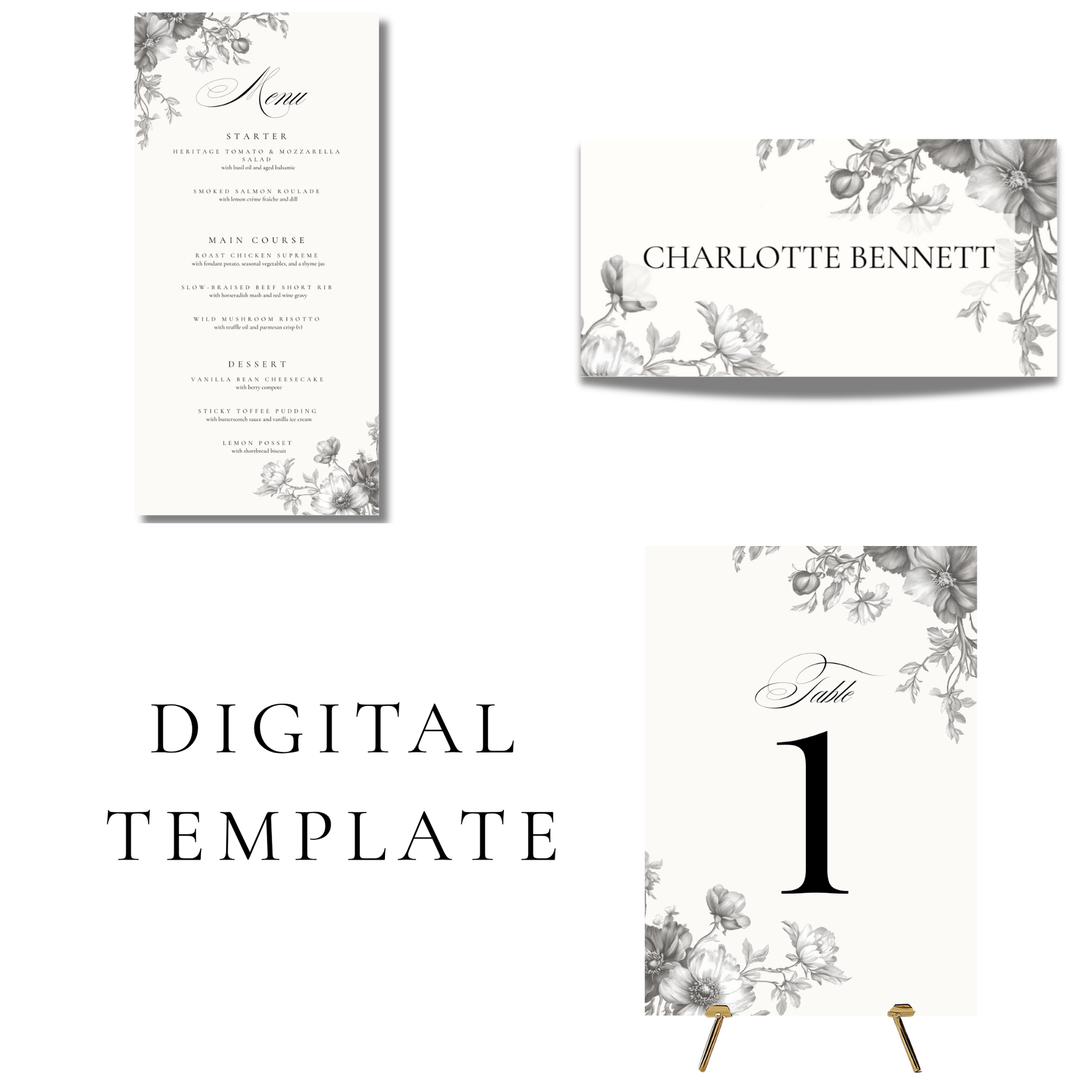 Simple Monochrome Vintage Florals Wedding Breakfast Templates