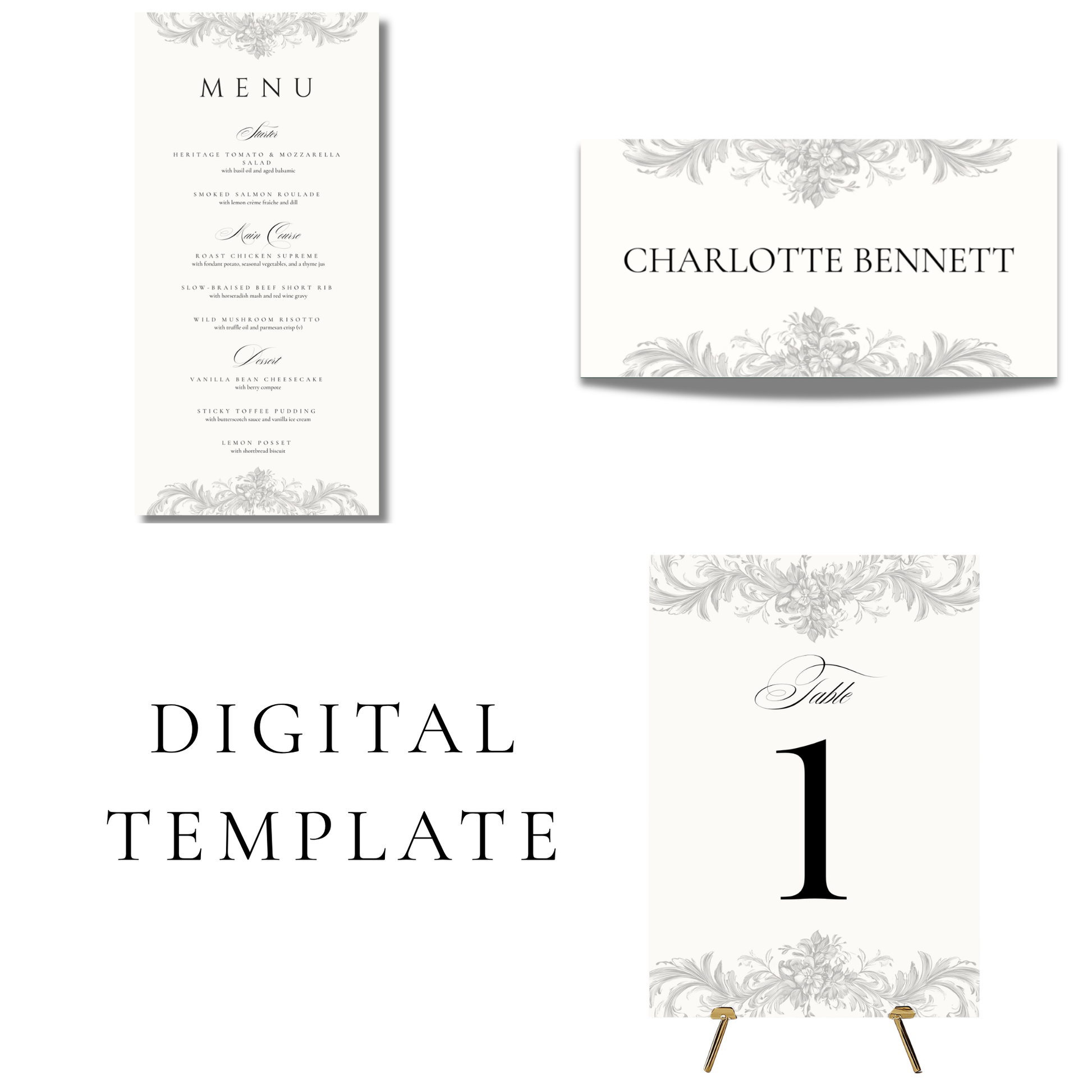 Simple Cream & Black Monogram Wedding Breakfast Templates