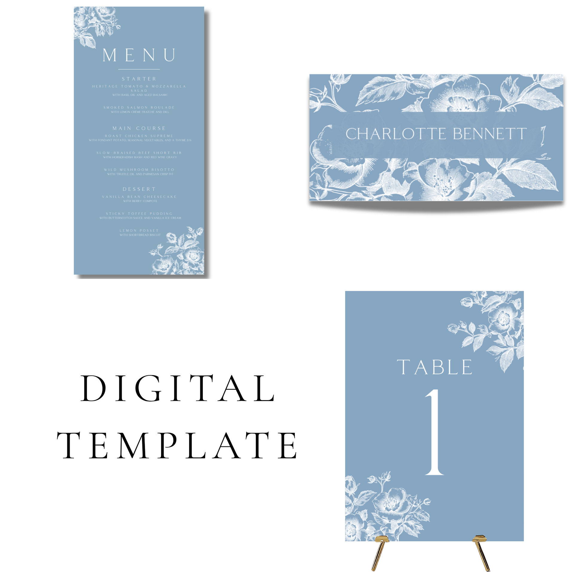 Rose Etching (Dusty Blue) Editable Wedding Breakfast Templates