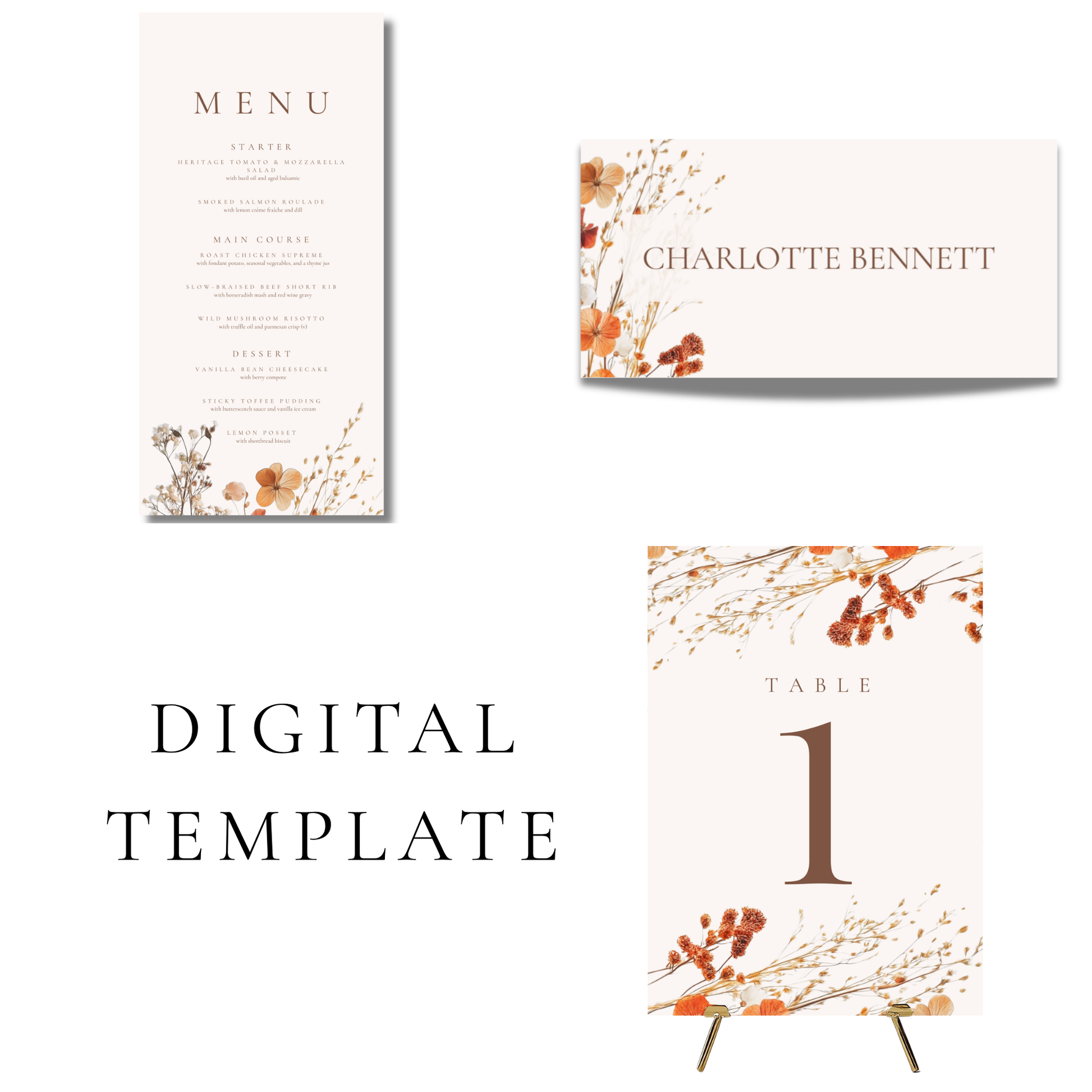 Simple Dried Flowers Wedding Breakfast Templates