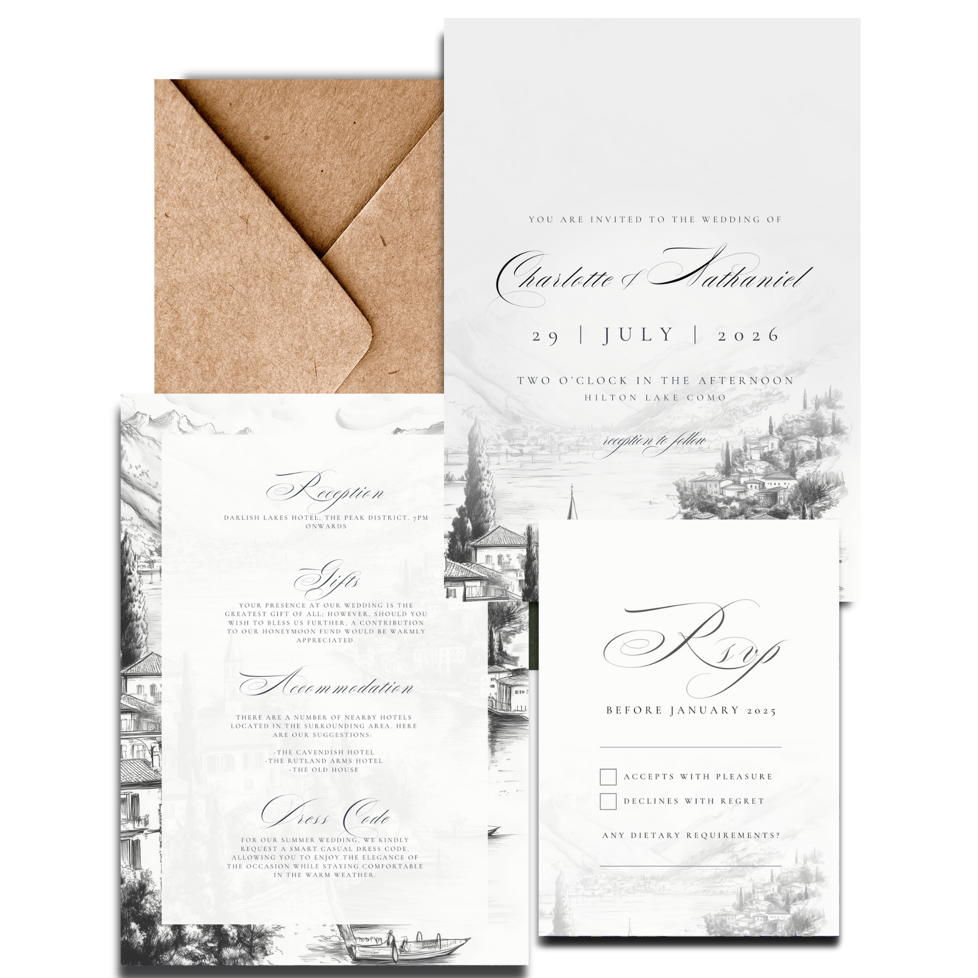 Monochromatic Lake Como Invite & RSVP