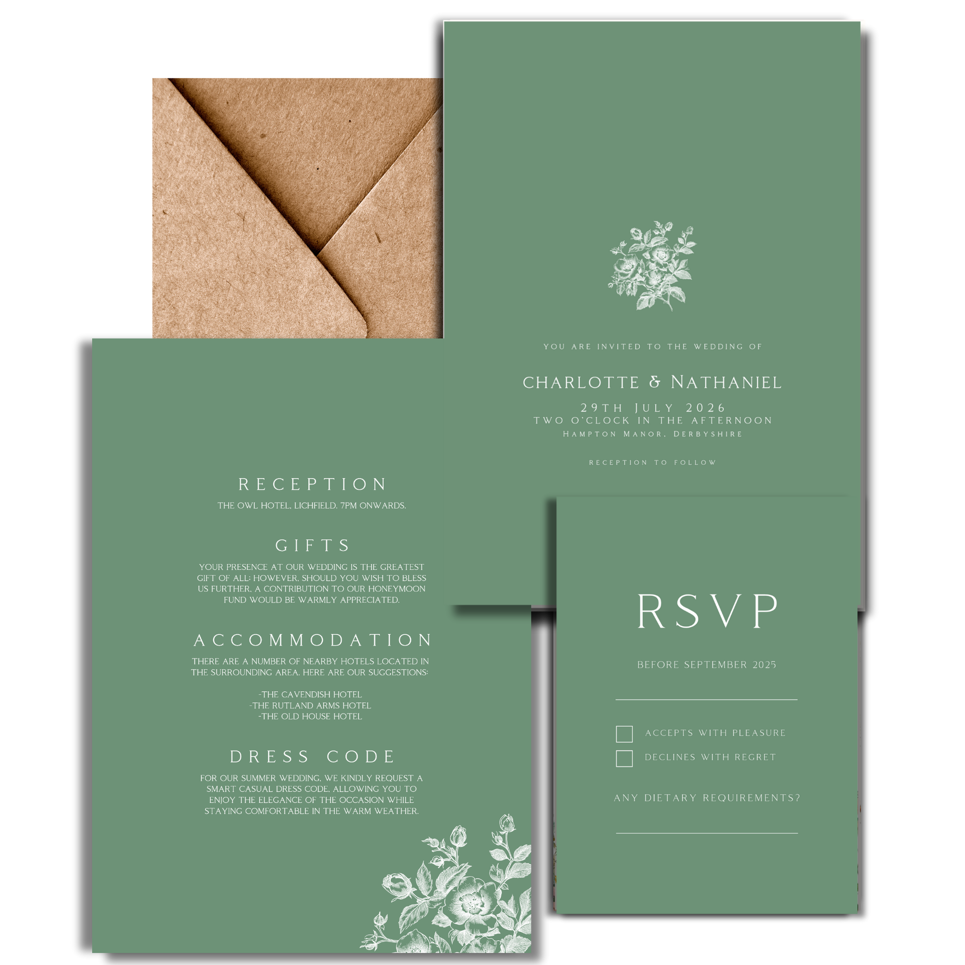 Rose Etching Invite & RSVP (Sage Green)