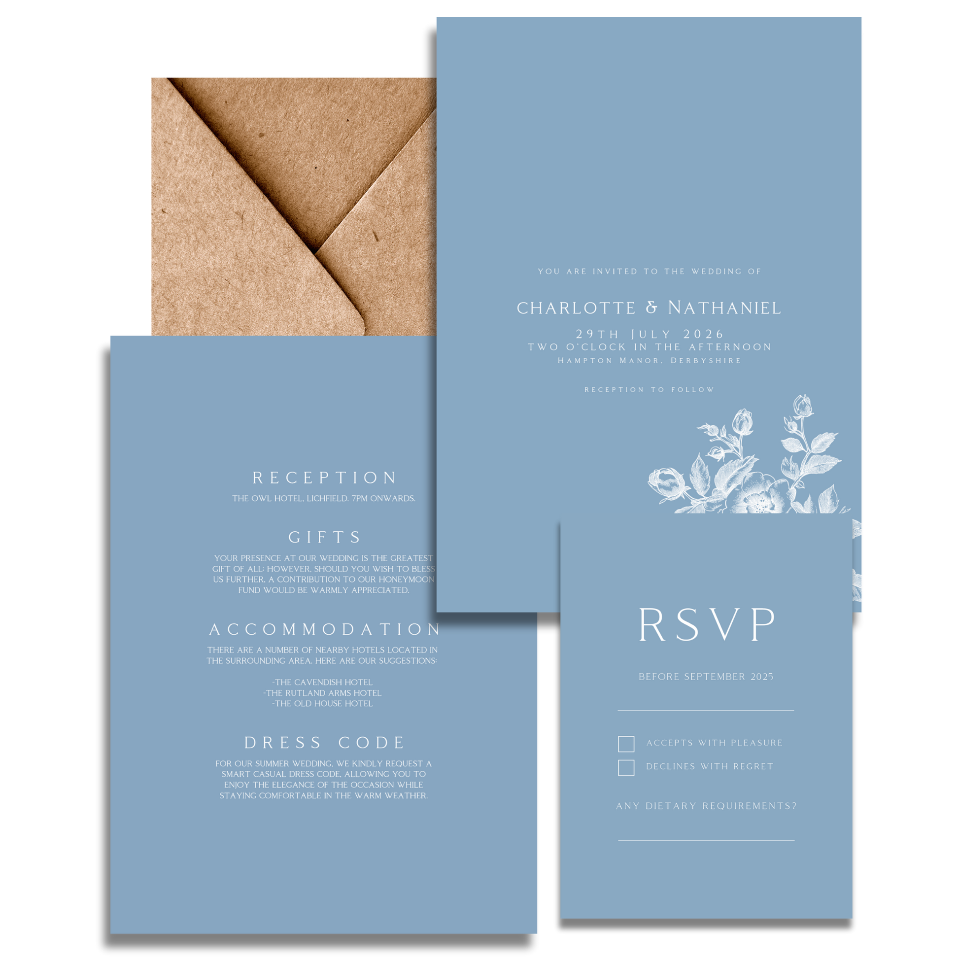 Large Rose Etching Invite & RSVP (Dusty Blue)