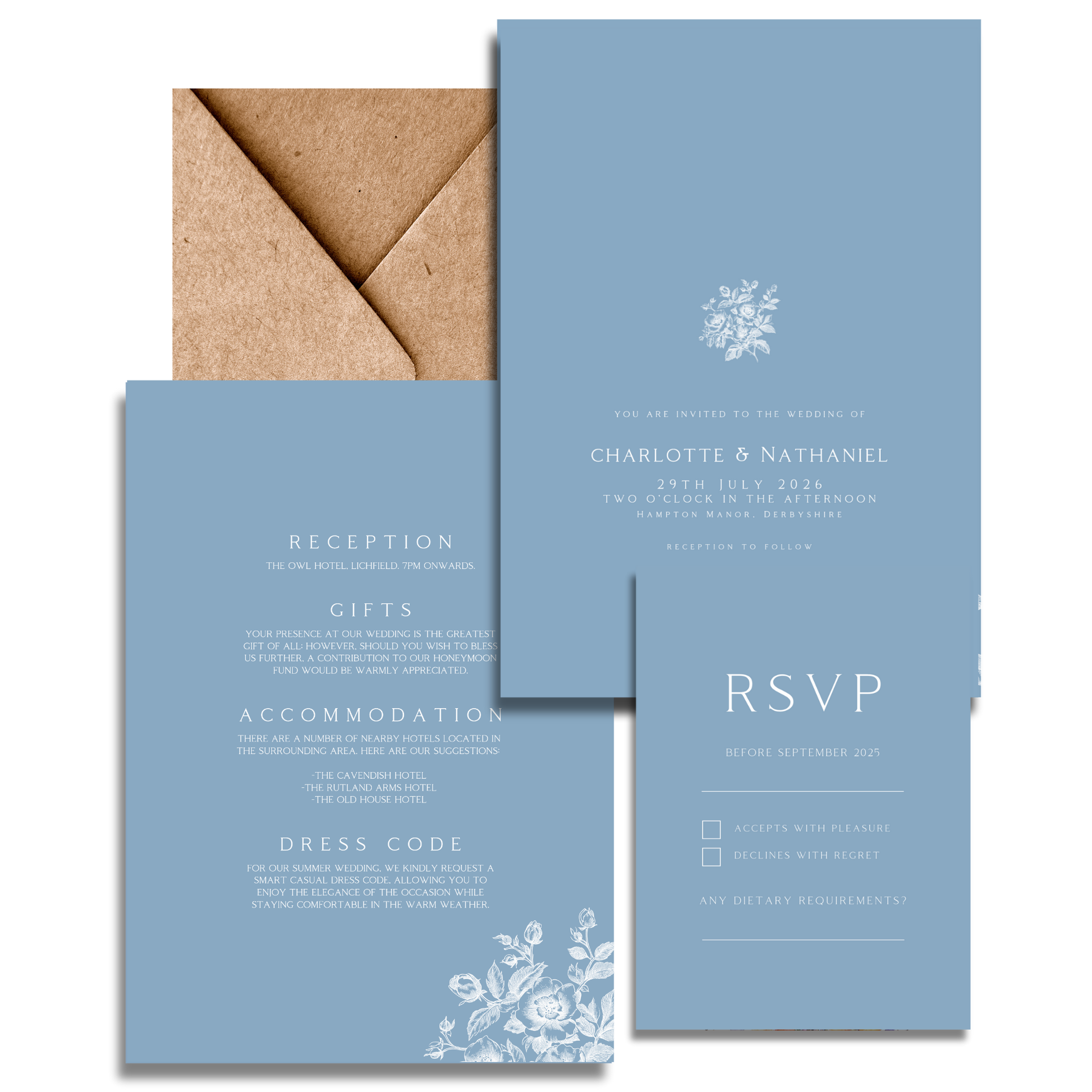 Rose Etching Invite & RSVP (Dusty Blue)