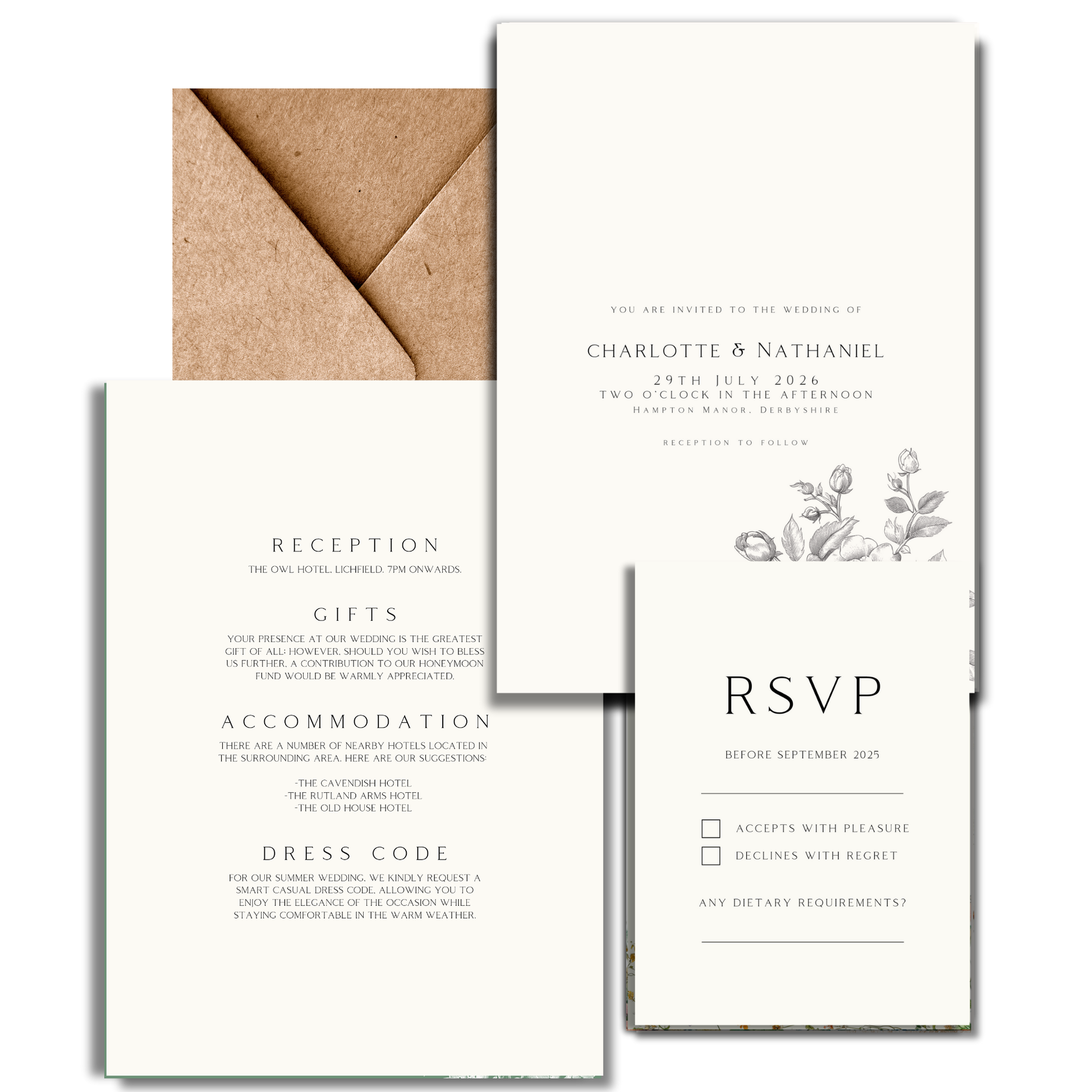 Large Rose Etching Invite & RSVP (Cream)