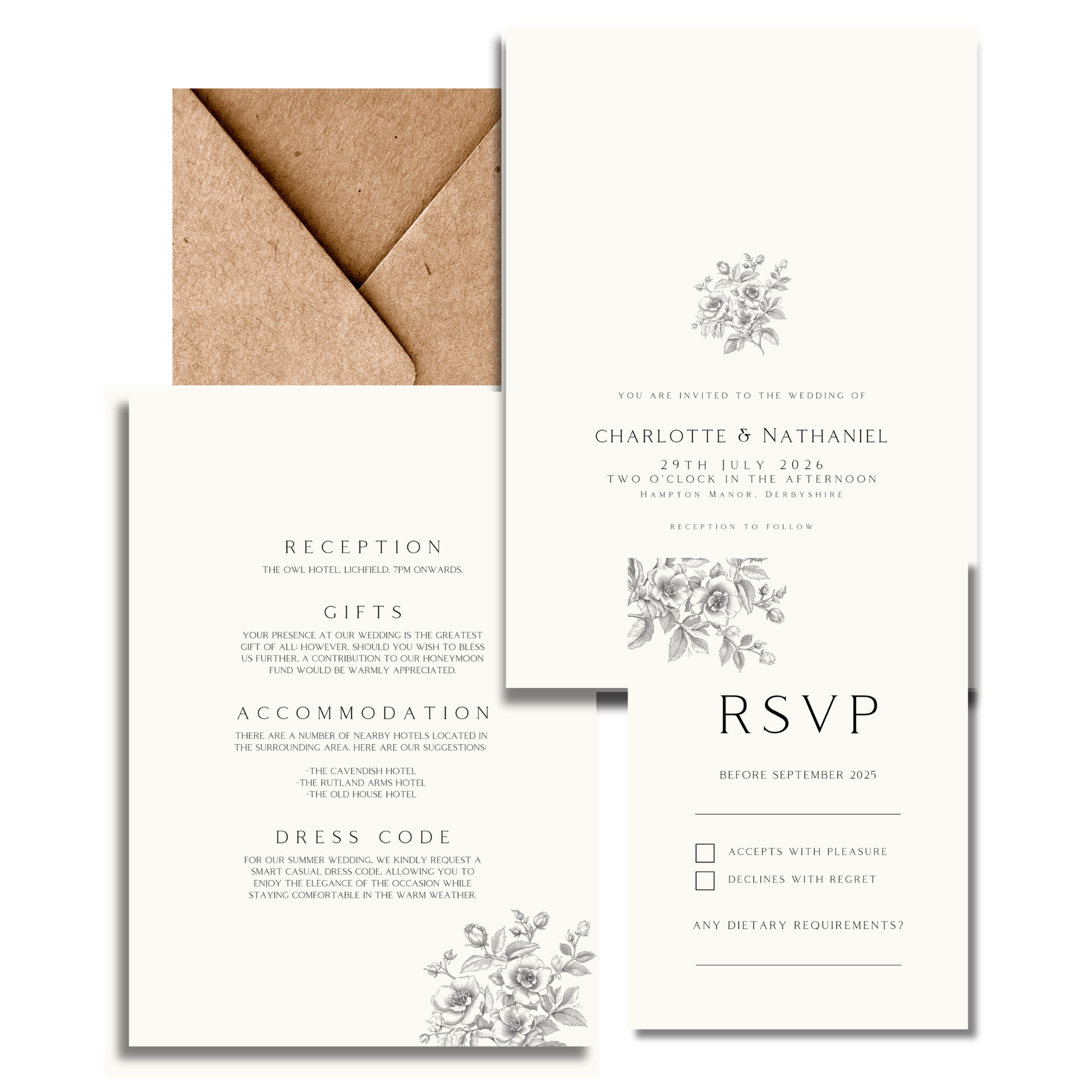 Rose Etching Invite & RSVP (Cream)